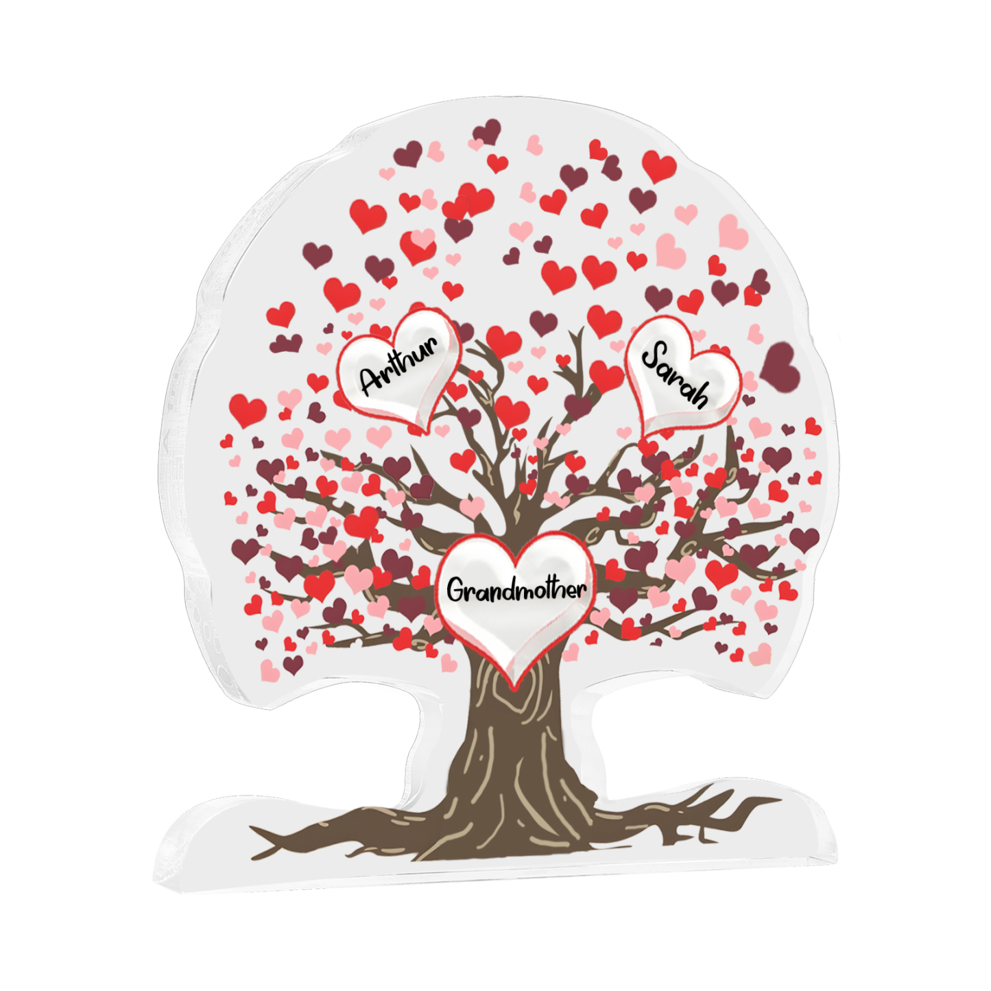 Personalisierte 3-7 Namen Lebensbaum mit roten Herzen Acryldeko Schreibdekoration – Ein einzigartiges Geschenk für Oma Großmutter