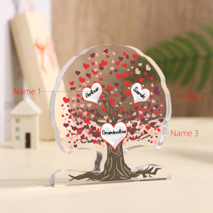 Personalisierte 3-7 Namen Lebensbaum mit roten Herzen Acryldeko Schreibdekoration – Ein einzigartiges Geschenk für Oma Großmutter