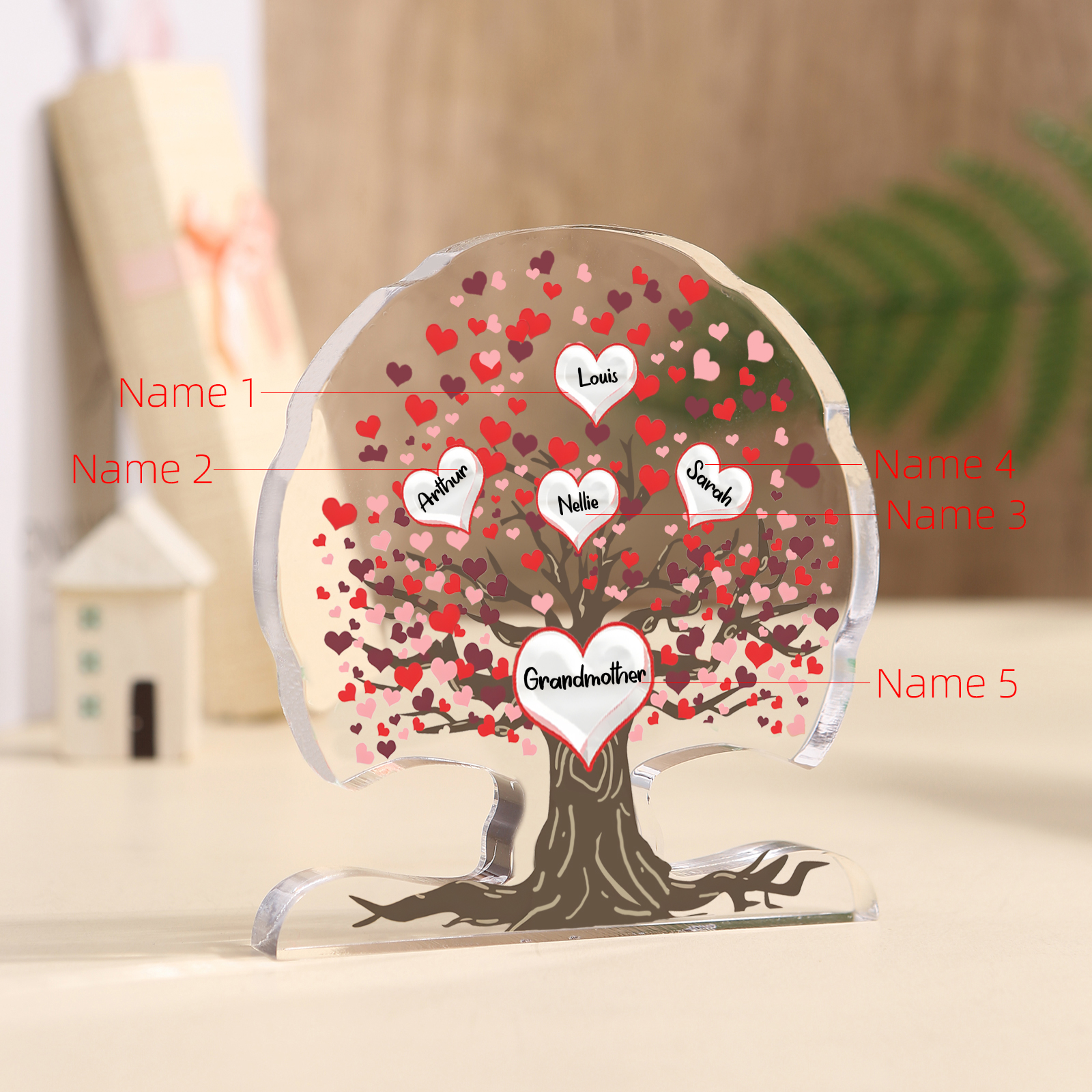 Personalisierte 3-7 Namen Lebensbaum mit roten Herzen Acryldeko Schreibdekoration – Ein einzigartiges Geschenk für Oma Großmutter