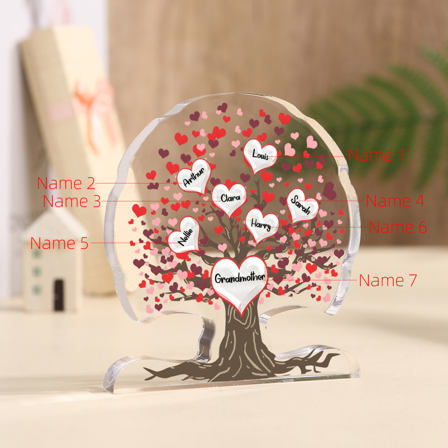 Personalisierte 3-7 Namen Lebensbaum mit roten Herzen Acryldeko Schreibdekoration – Ein einzigartiges Geschenk für Oma Großmutter