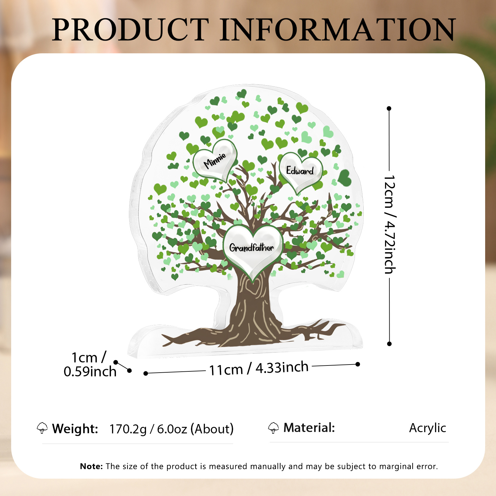 Personalisierte 3-7 Namen Lebensbaum-Acryldeko Schreibdekoration mit Herzen in Grün – Liebevolles Geschenk für Opa Großvater
