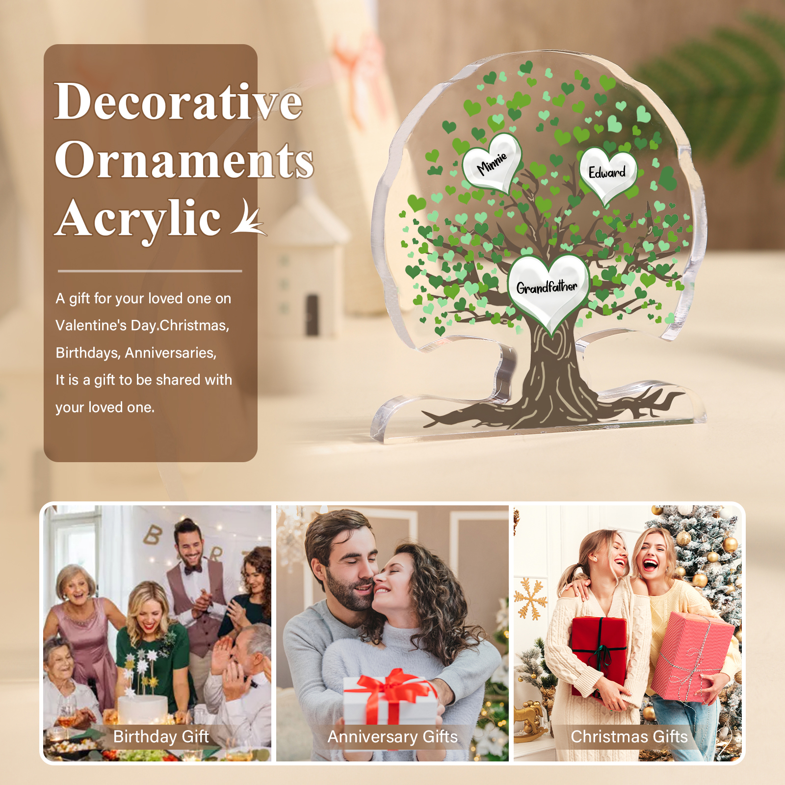Personalisierte 3-7 Namen Lebensbaum-Acryldeko Schreibdekoration mit Herzen in Grün – Liebevolles Geschenk für Opa Großvater