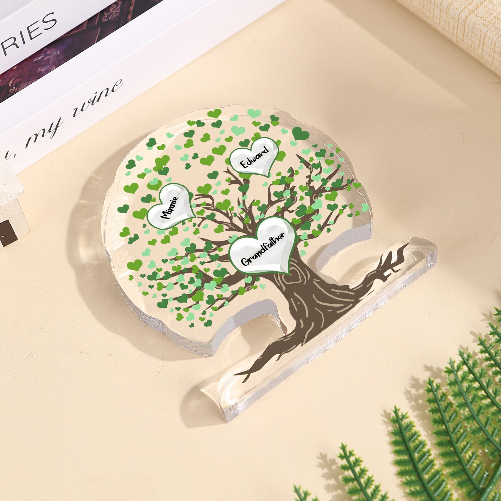 Personalisierte 3-7 Namen Lebensbaum-Acryldeko Schreibdekoration mit Herzen in Grün – Liebevolles Geschenk für Opa Großvater