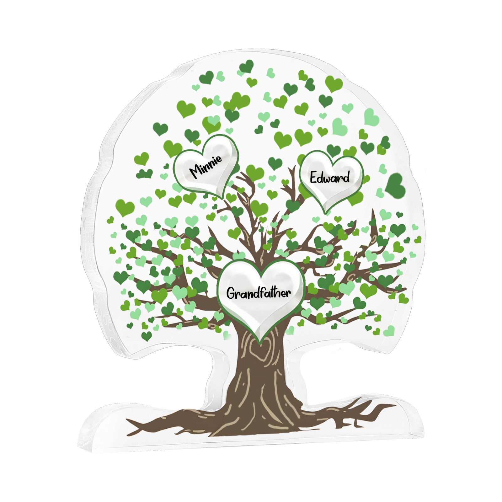 Personalisierte 3-7 Namen Lebensbaum-Acryldeko Schreibdekoration mit Herzen in Grün – Liebevolles Geschenk für Opa Großvater