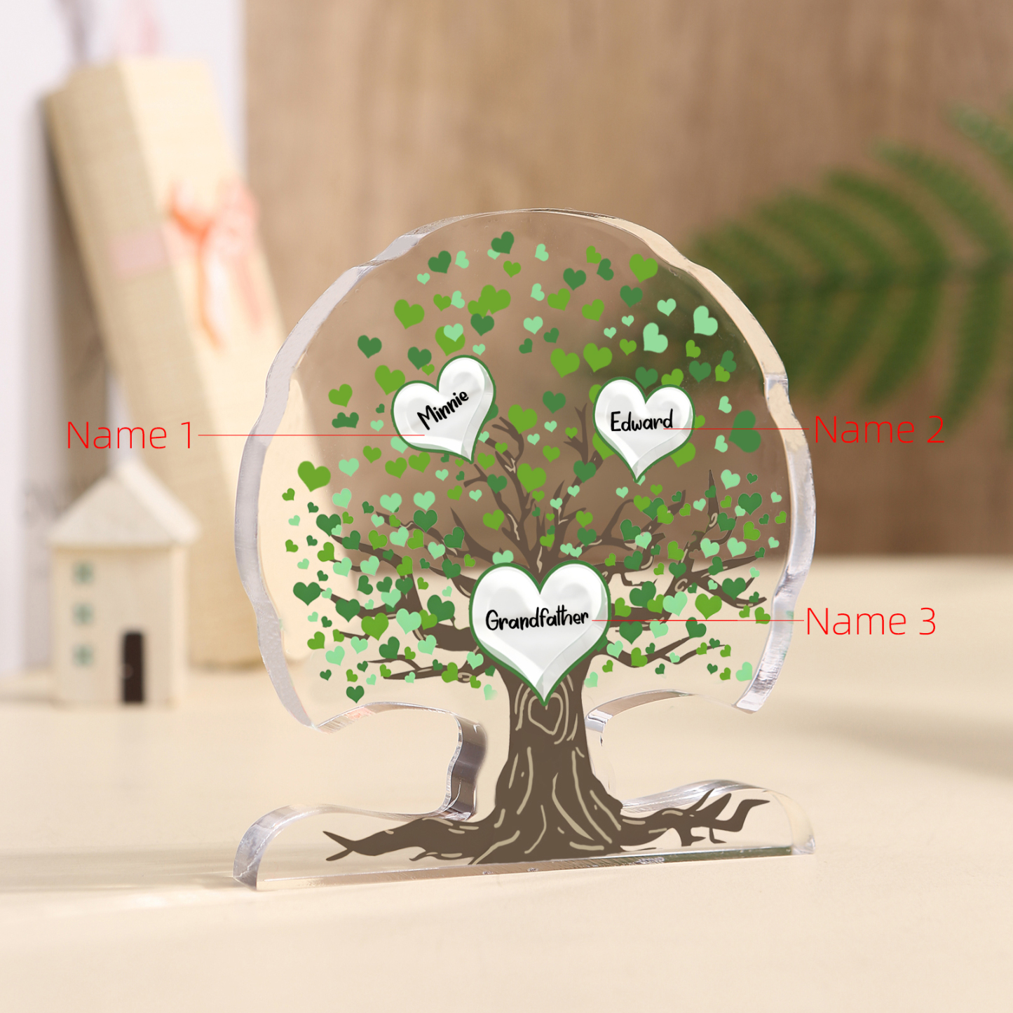 Personalisierte 3-7 Namen Lebensbaum-Acryldeko Schreibdekoration mit Herzen in Grün – Liebevolles Geschenk für Opa Großvater