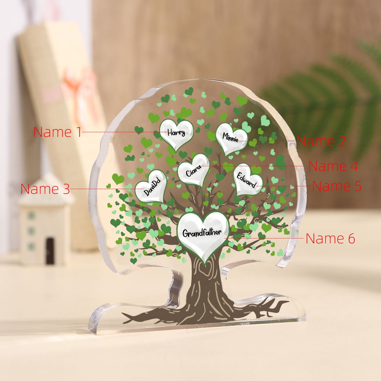 Personalisierte 3-7 Namen Lebensbaum-Acryldeko Schreibdekoration mit Herzen in Grün – Liebevolles Geschenk für Opa Großvater