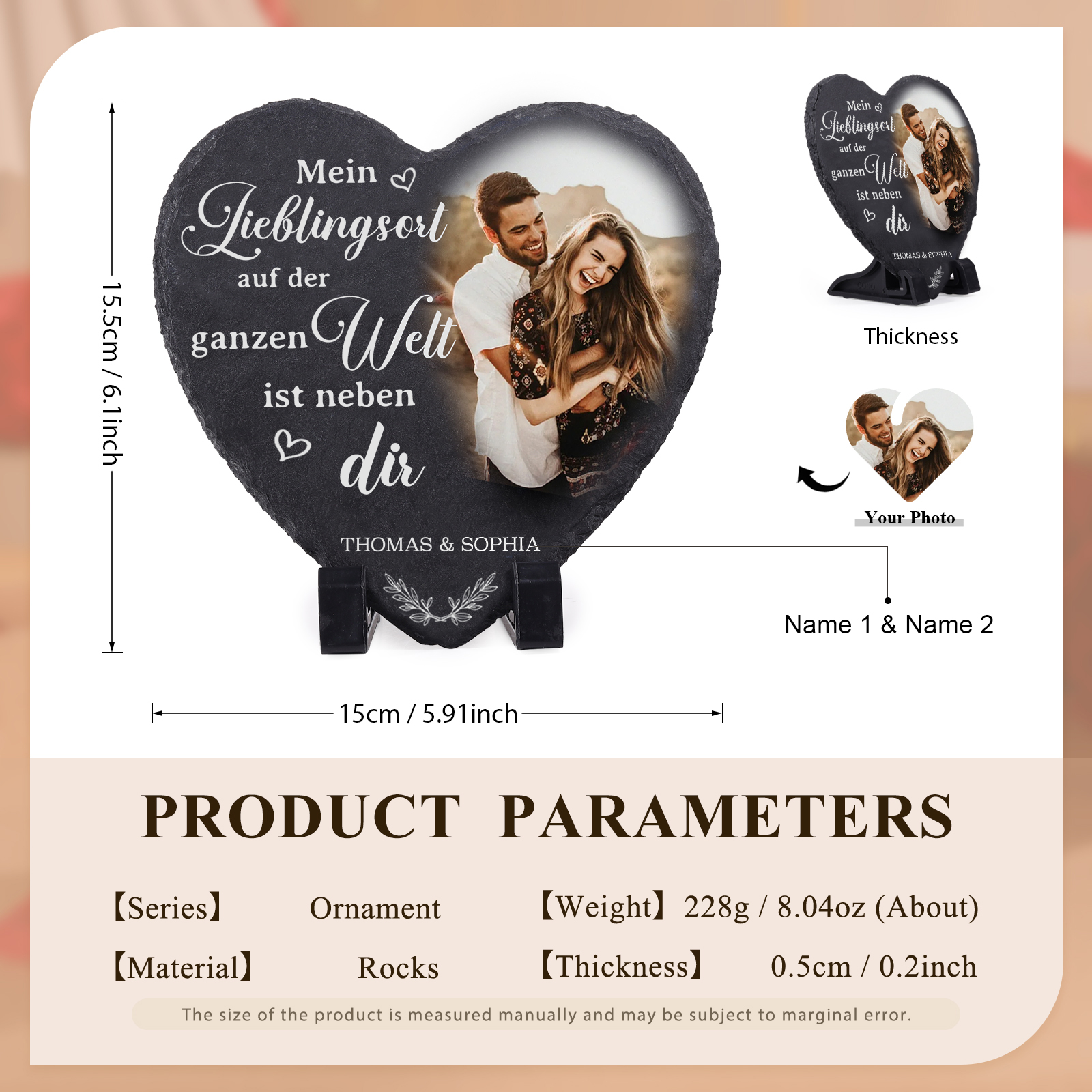 Personalisierte 2 Namen & Foto Stein Herz Ornament – Mein Lieblingsort auf der ganzen Welt ist neben dir – Schreibdekoration für Paar