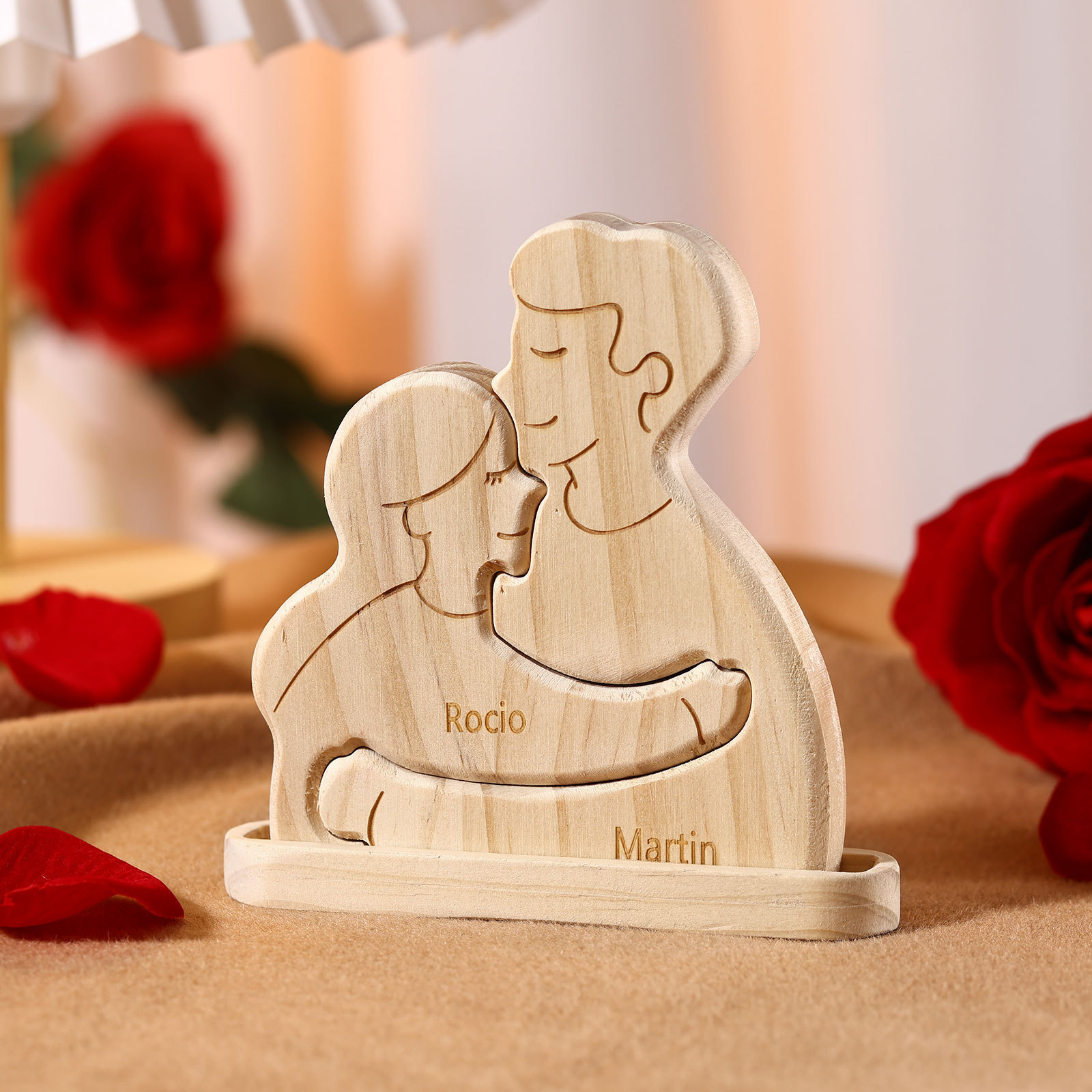 Holzskulptur-Personalisierte 2-5 Namen Familien Umarmung Holz Deko – S