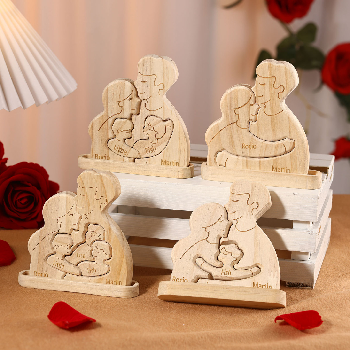 Holzskulptur-Personalisierte 2-5 Namen Familien Umarmung Holz Deko – Schreibdekoration für Familie