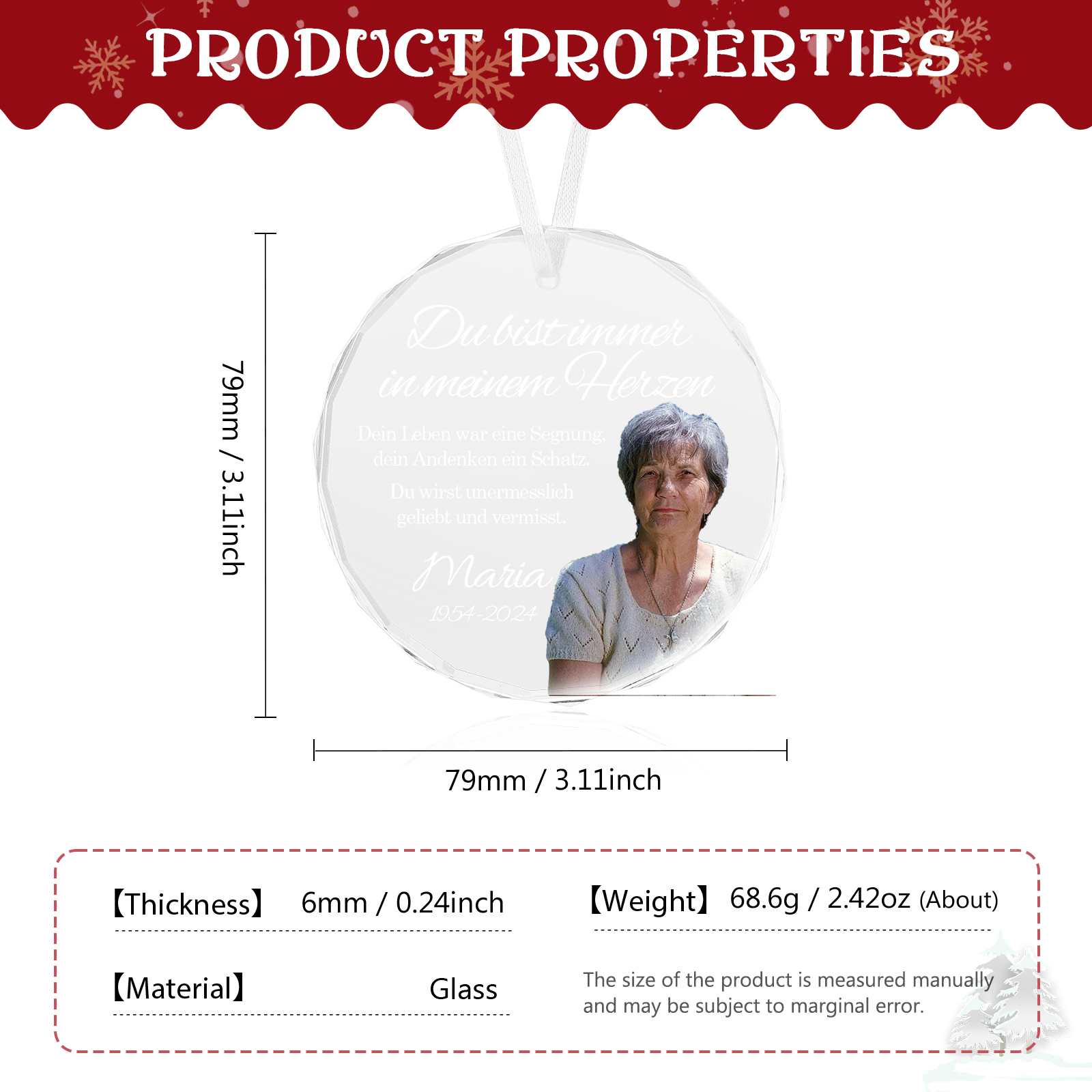 Personalisierter 1 Name & Foto & Text & Datum Glas Gedenk-Anhänger – Du wirst unermesslich geliebt und vermisst – Weihnachtsornament Herz / Rund Ornament