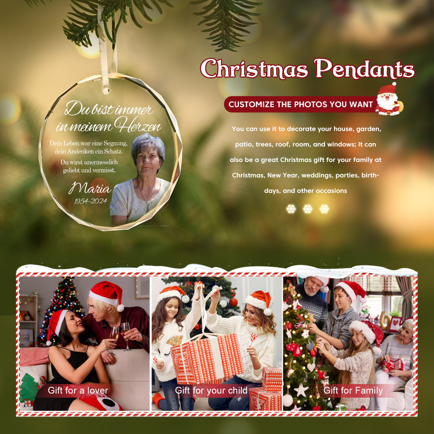 Personalisierter 1 Name & Foto & Text & Datum Glas Gedenk-Anhänger – Du wirst unermesslich geliebt und vermisst – Weihnachtsornament Herz / Rund Ornament