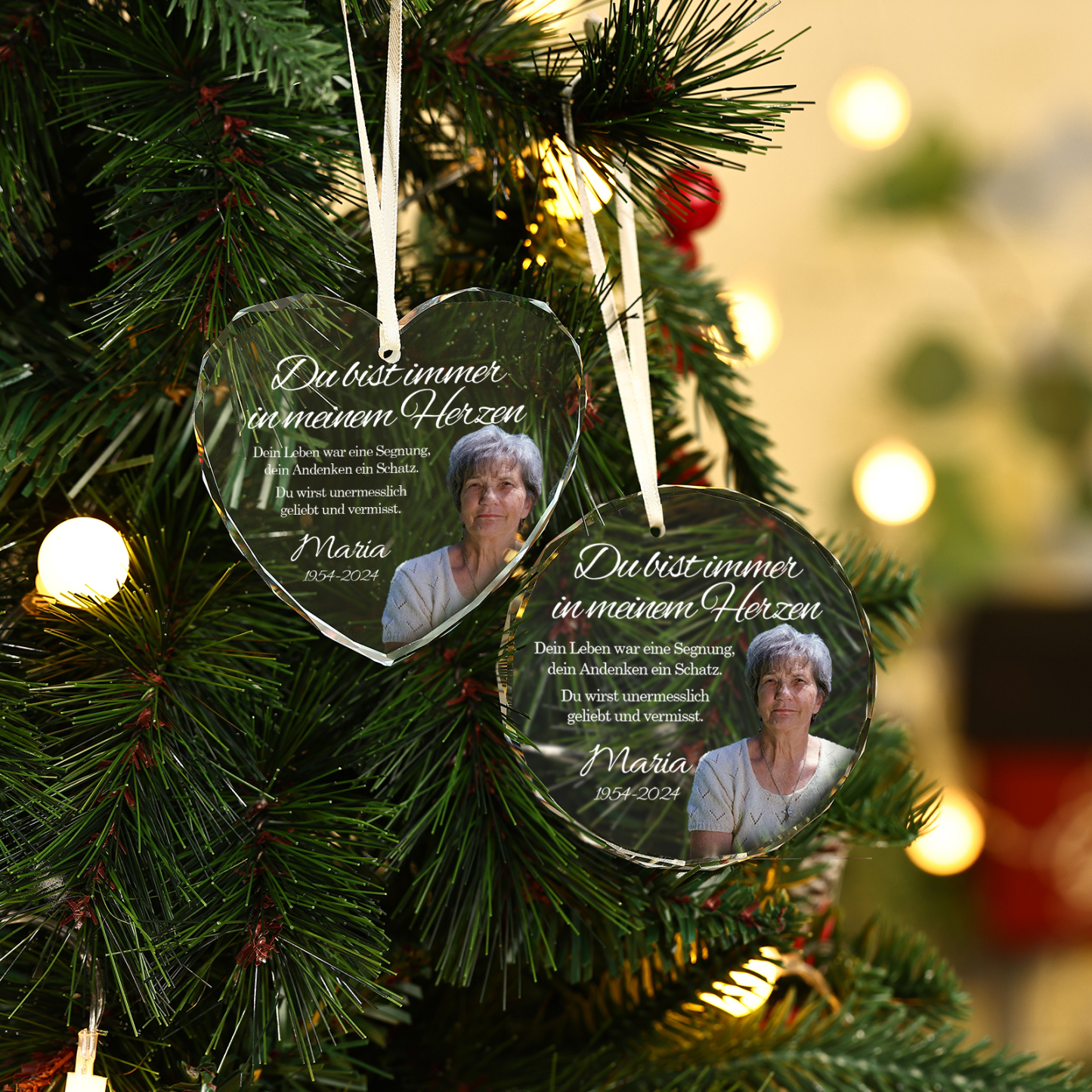 Personalisierter 1 Name & Foto & Text & Datum Glas Gedenk-Anhänger – Du wirst unermesslich geliebt und vermisst – Weihnachtsornament Herz / Rund Ornament