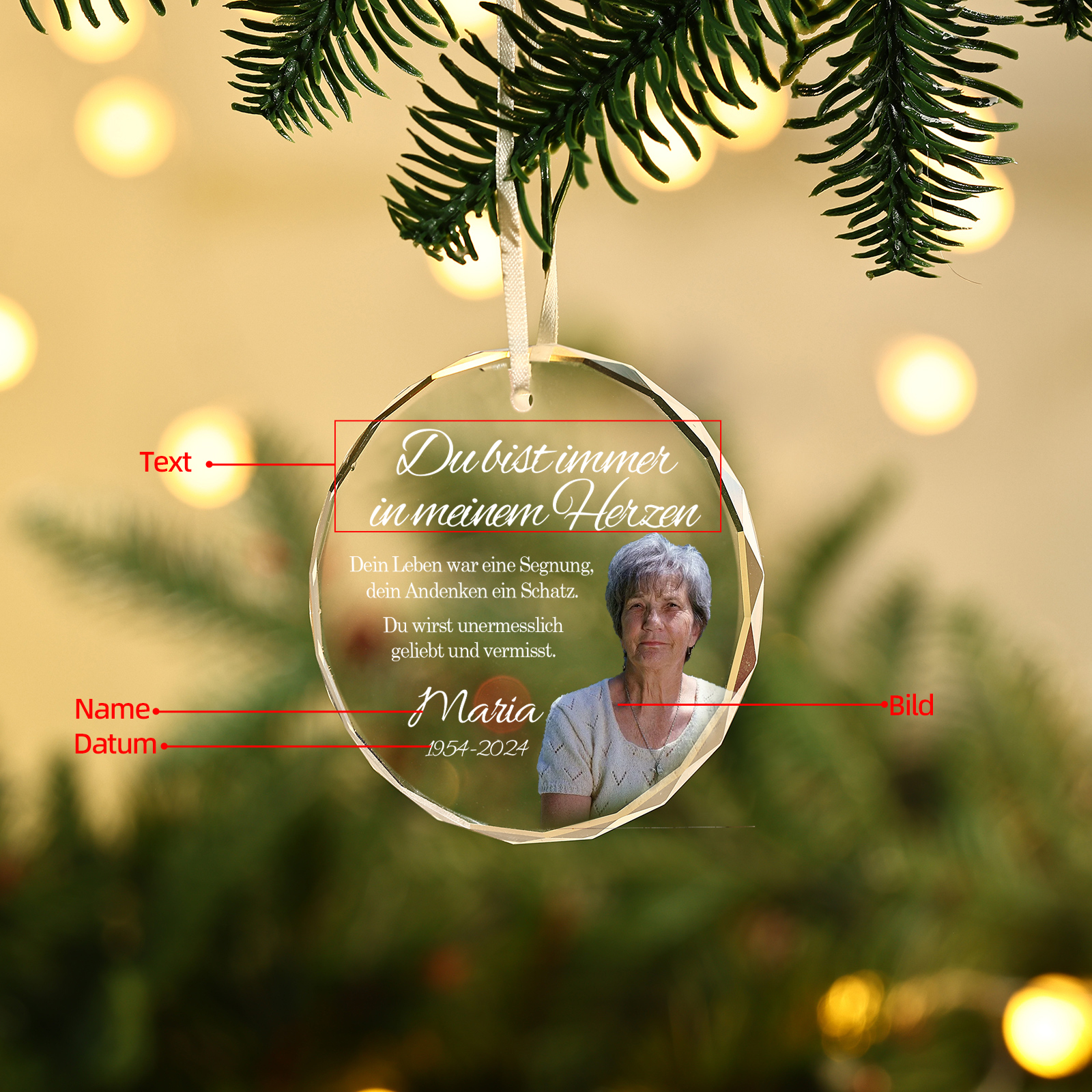 Personalisierter 1 Name & Foto & Text & Datum Glas Gedenk-Anhänger – Du wirst unermesslich geliebt und vermisst – Weihnachtsornament Herz / Rund Ornament