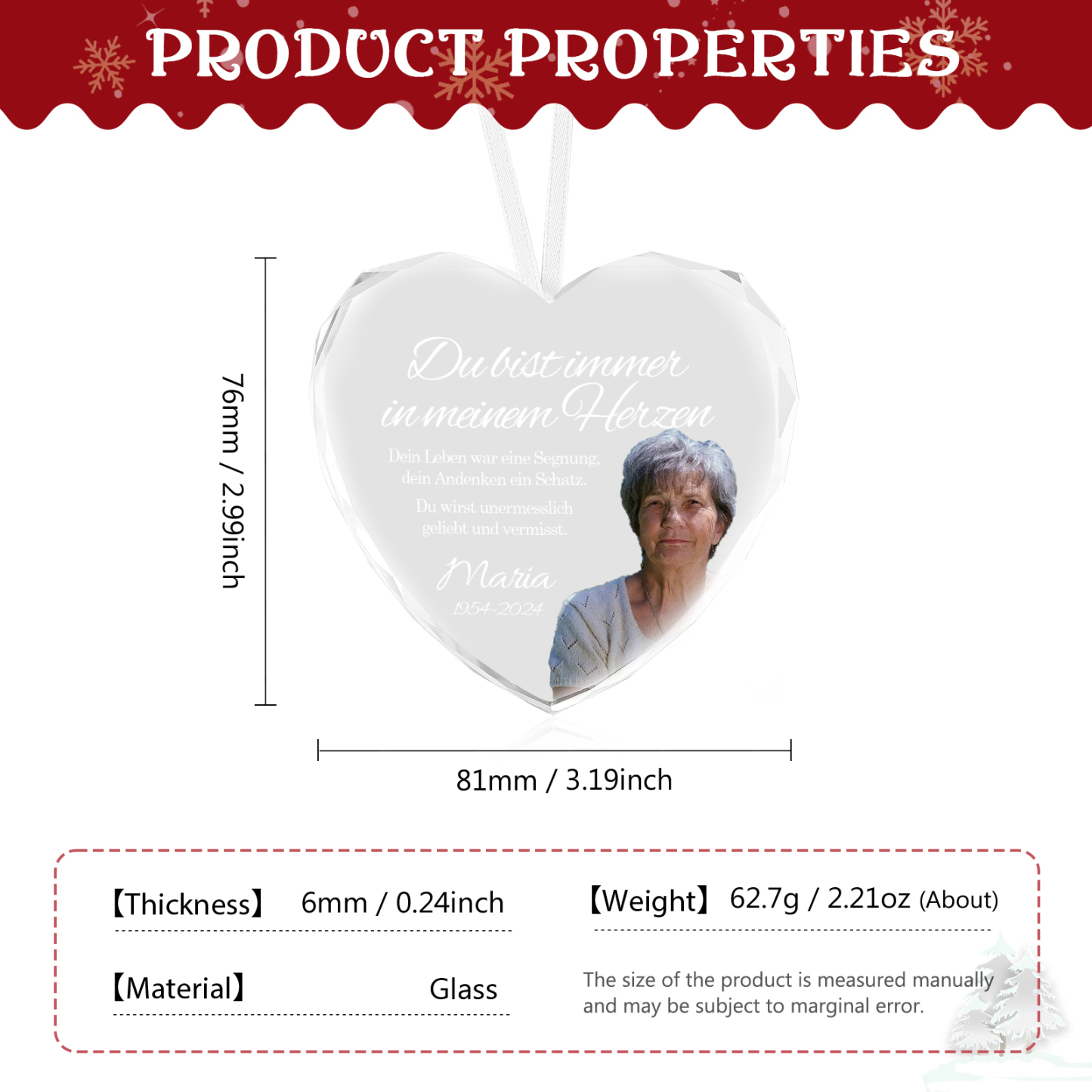 Personalisierter 1 Name & Foto & Text & Datum Glas Gedenk-Anhänger – Du wirst unermesslich geliebt und vermisst – Weihnachtsornament Herz / Rund Ornament