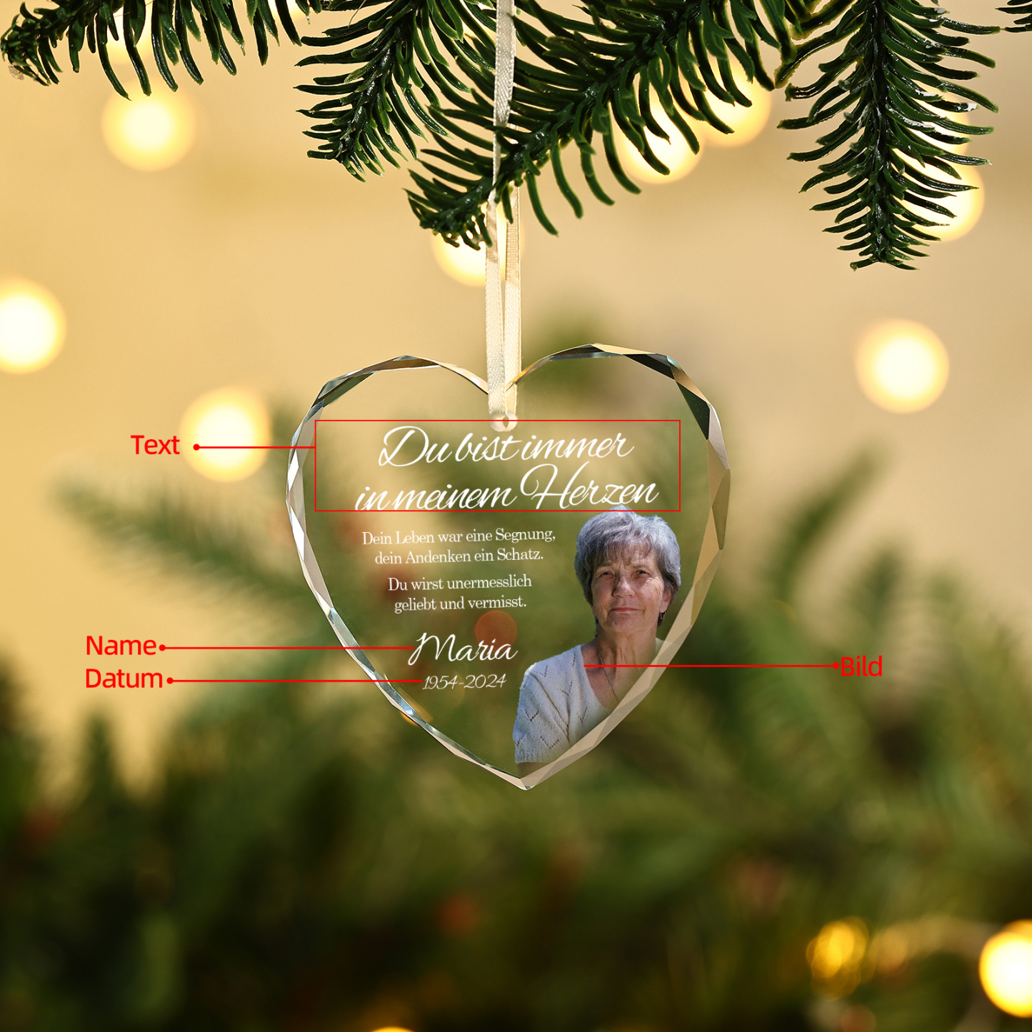 Personalisierter 1 Name & Foto & Text & Datum Glas Gedenk-Anhänger – Du wirst unermesslich geliebt und vermisst – Weihnachtsornament Herz / Rund Ornament