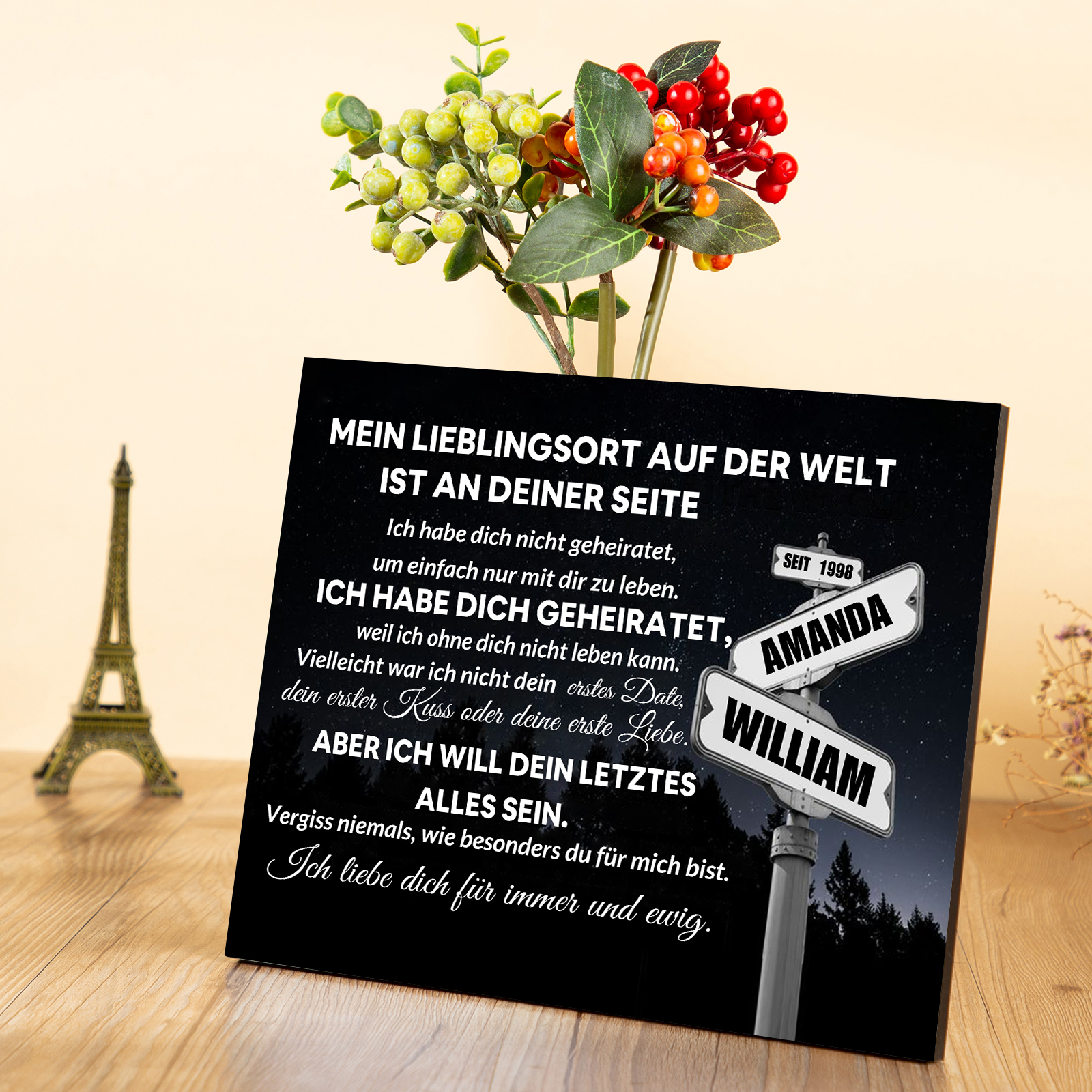 Pärchen Holzbild-Personalisierte 2 Namen & Jahr Holzdekoration-für Paare Mein Libelingsort auf der Welt sit an deiner Seite