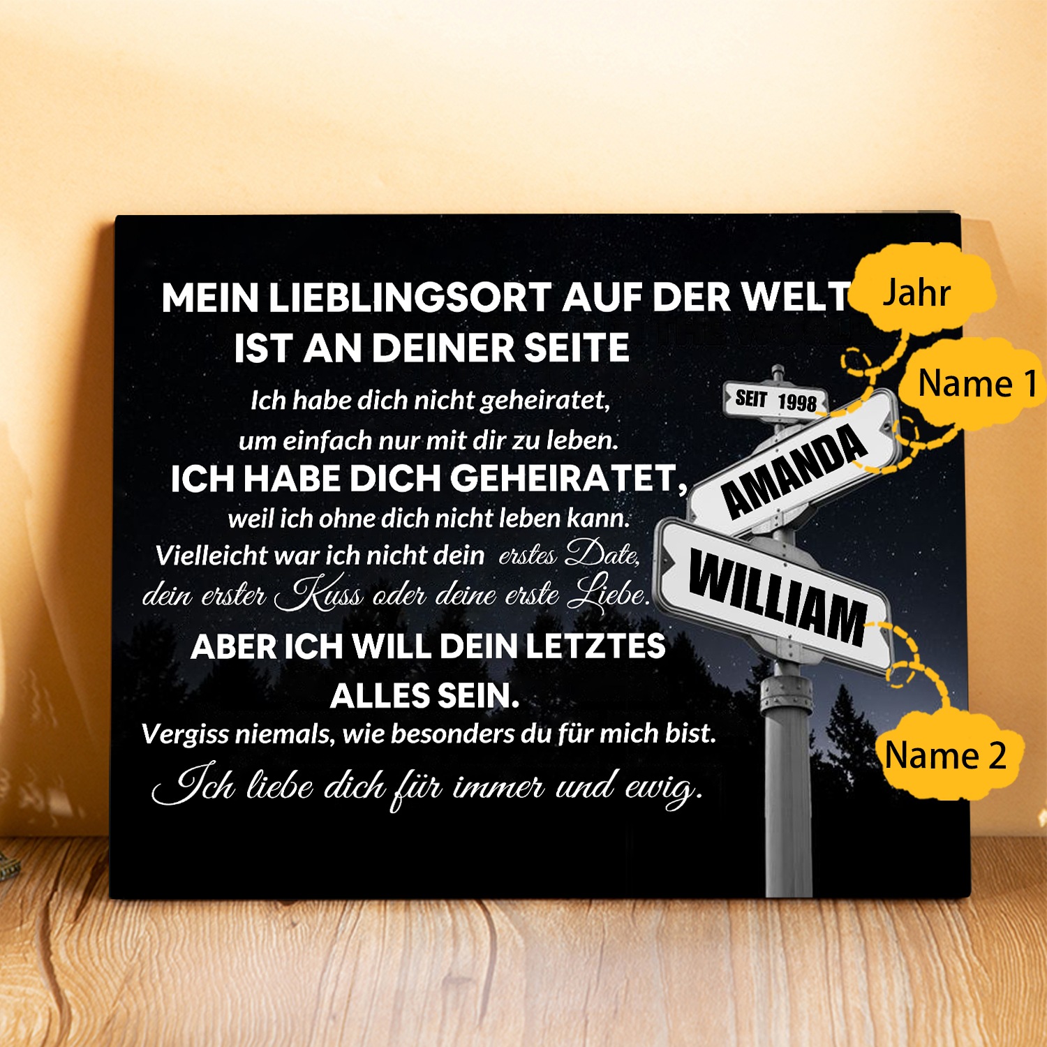 Pärchen Holzbild-Personalisierte 2 Namen & Jahr Holzdekoration-für Paare Mein Libelingsort auf der Welt sit an deiner Seite