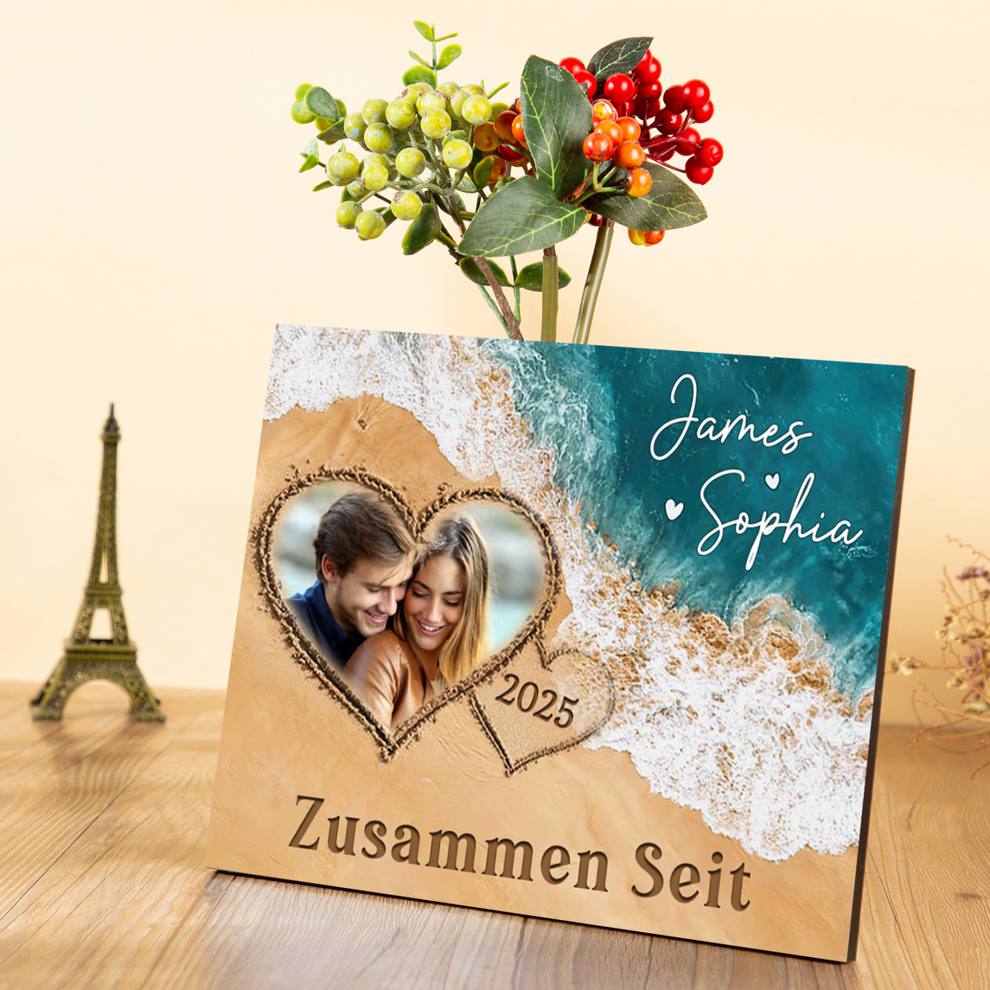 Pärchen Holzbild-Personalisierte 2 Namen & Foto & Jahr Holzdekoration Zusammen seit Geschenk für Paare