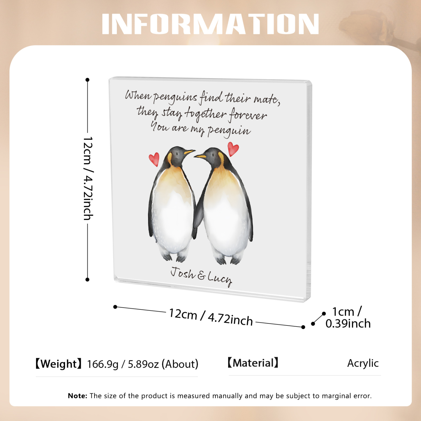 Personalisierte 2 Namen & Text Pinguin Acryl-Deko-Schreibtischdekoration für Paar