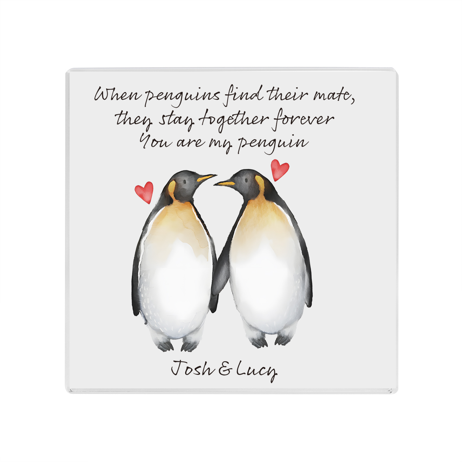 Personalisierte 2 Namen & Text Pinguin Acryl-Deko-Schreibtischdekoration für Paar