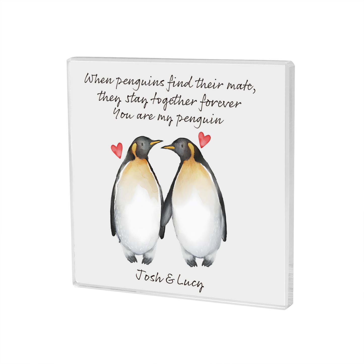 Personalisierte 2 Namen & Text Pinguin Acryl-Deko-Schreibtischdekoration für Paar