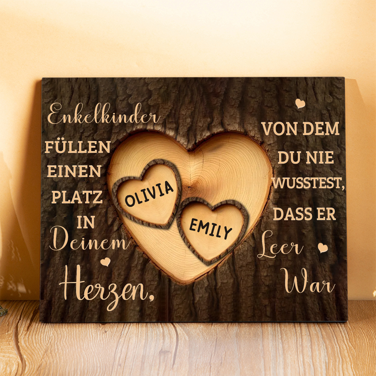Enkelkinder Holzbild – Personalisierte 2 Namen Doppelherz Holzdekoration Geschenk für Familien
