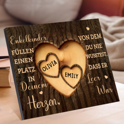 Enkelkinder Holzbild – Personalisierte 2 Namen Doppelherz Holzdekoration Geschenk für Familien