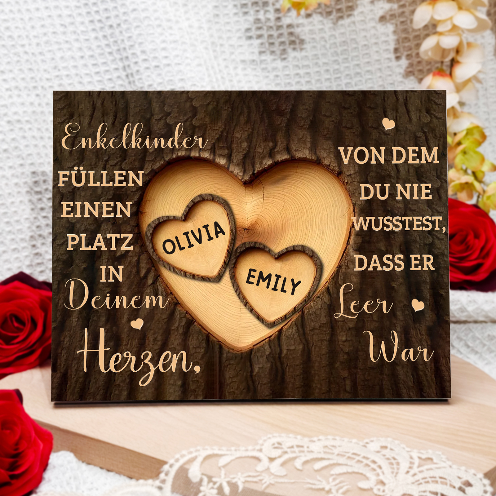 Enkelkinder Holzbild – Personalisierte 2 Namen Doppelherz Holzdekoration Geschenk für Familien