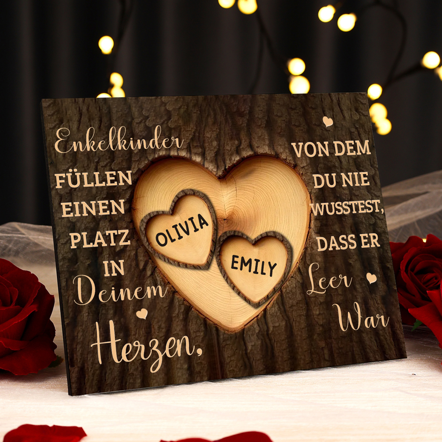 Enkelkinder Holzbild – Personalisierte 2 Namen Doppelherz Holzdekoration Geschenk für Familien