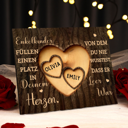 Enkelkinder Holzbild – Personalisierte 2 Namen Doppelherz Holzdekoration Geschenk für Familien