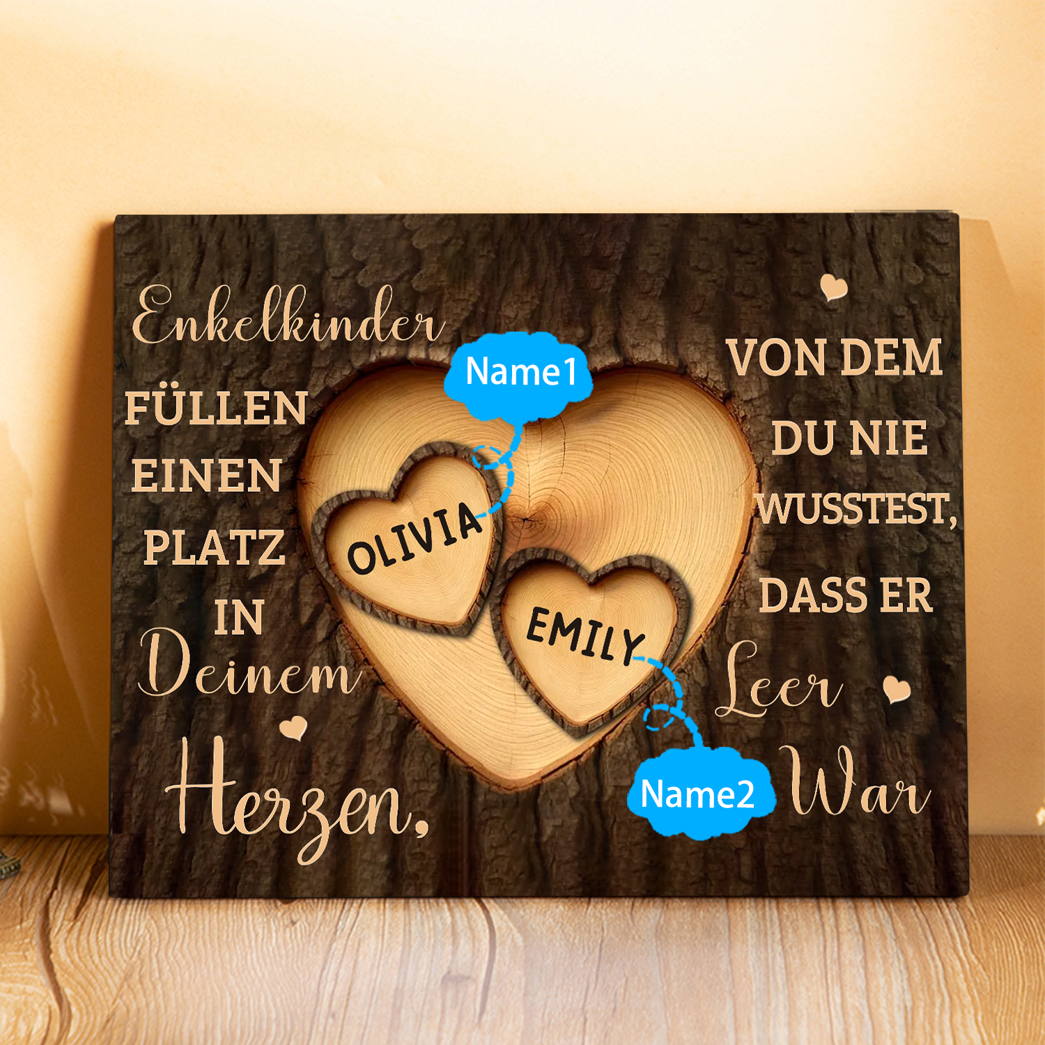 Enkelkinder Holzbild – Personalisierte 2 Namen Doppelherz Holzdekoration Geschenk für Familien