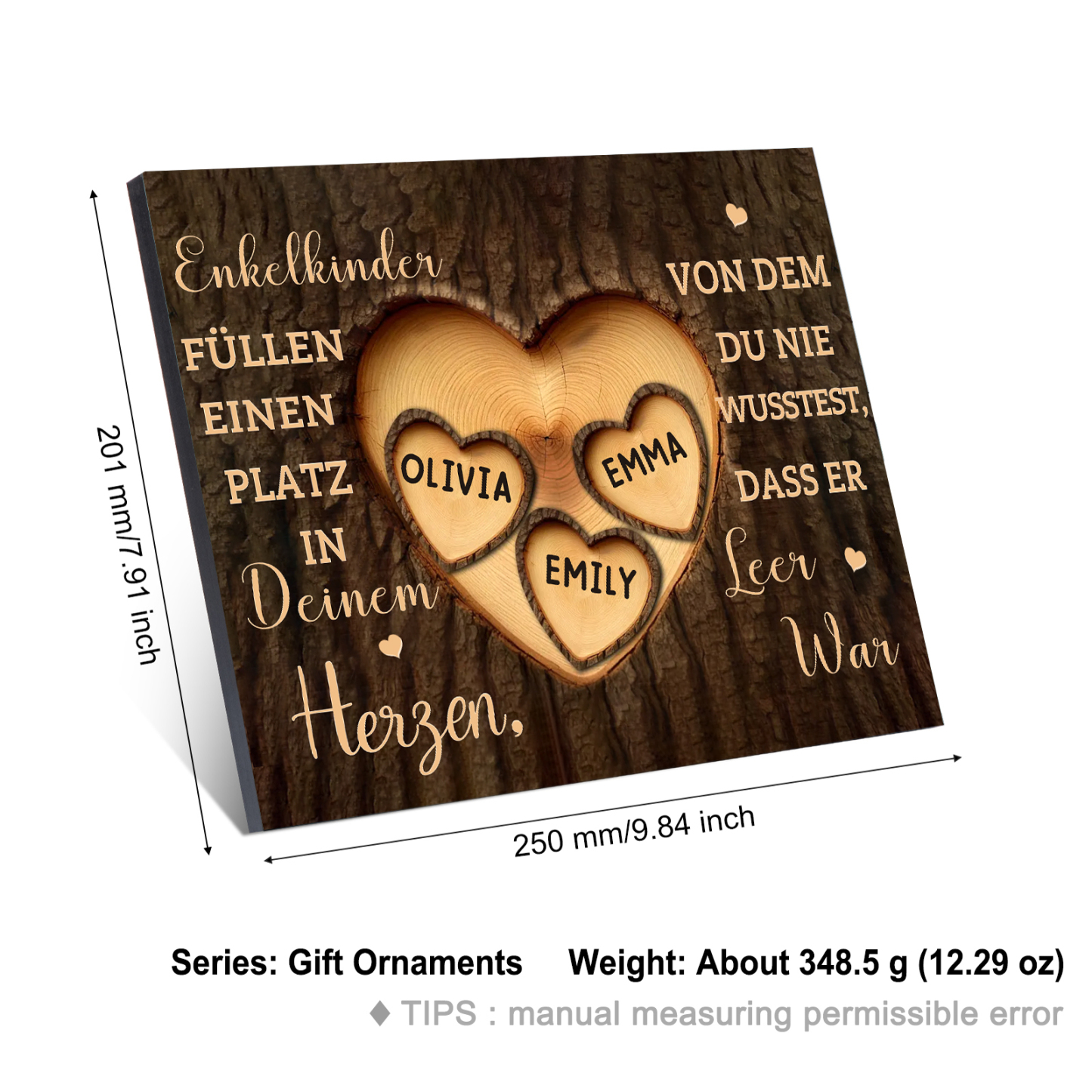Enkelkinder Holzbild – Personalisierte 3 Namen Doppelherz Holzdekoration Geschenk für Familien
