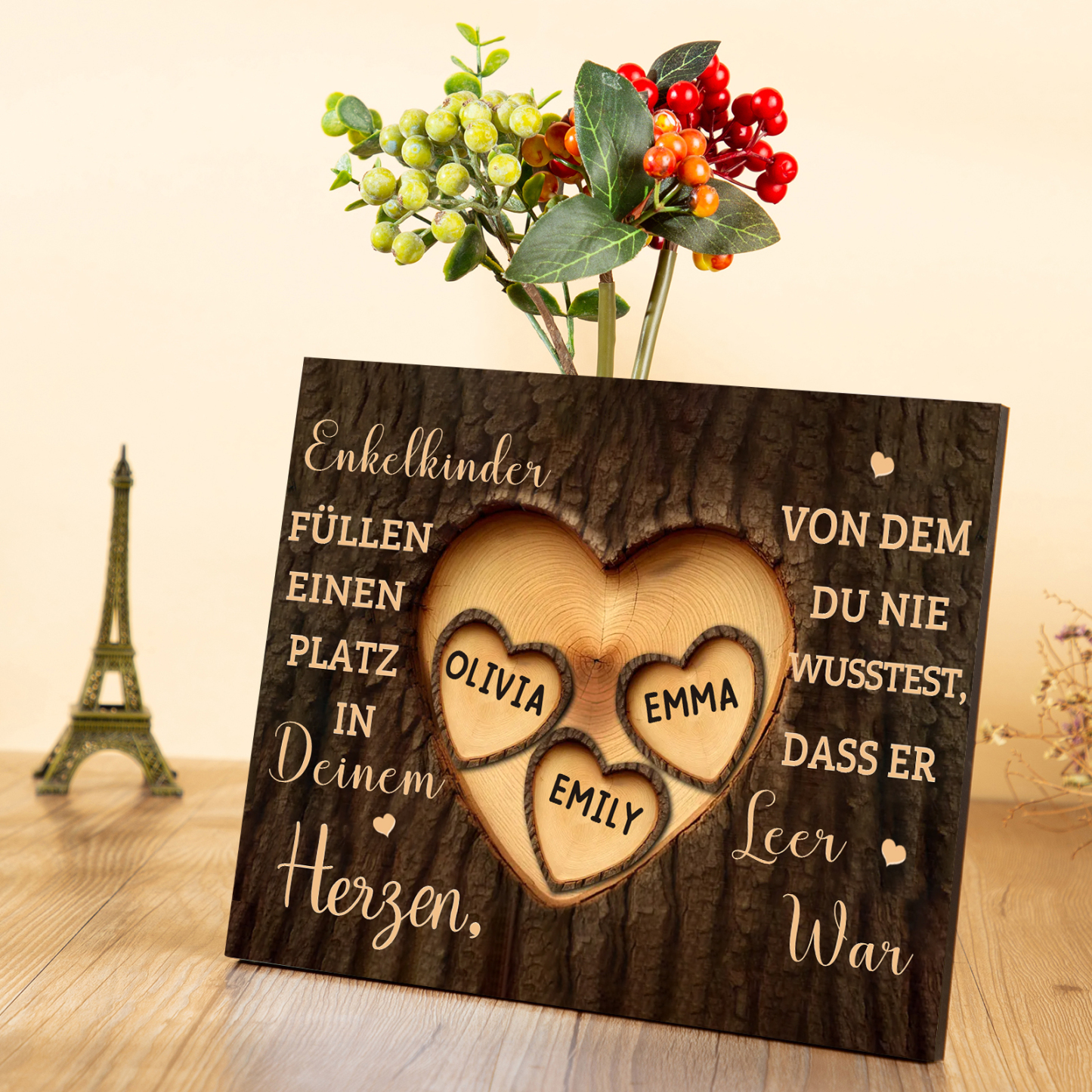 Enkelkinder Holzbild – Personalisierte 3 Namen Doppelherz Holzdekoration Geschenk für Familien