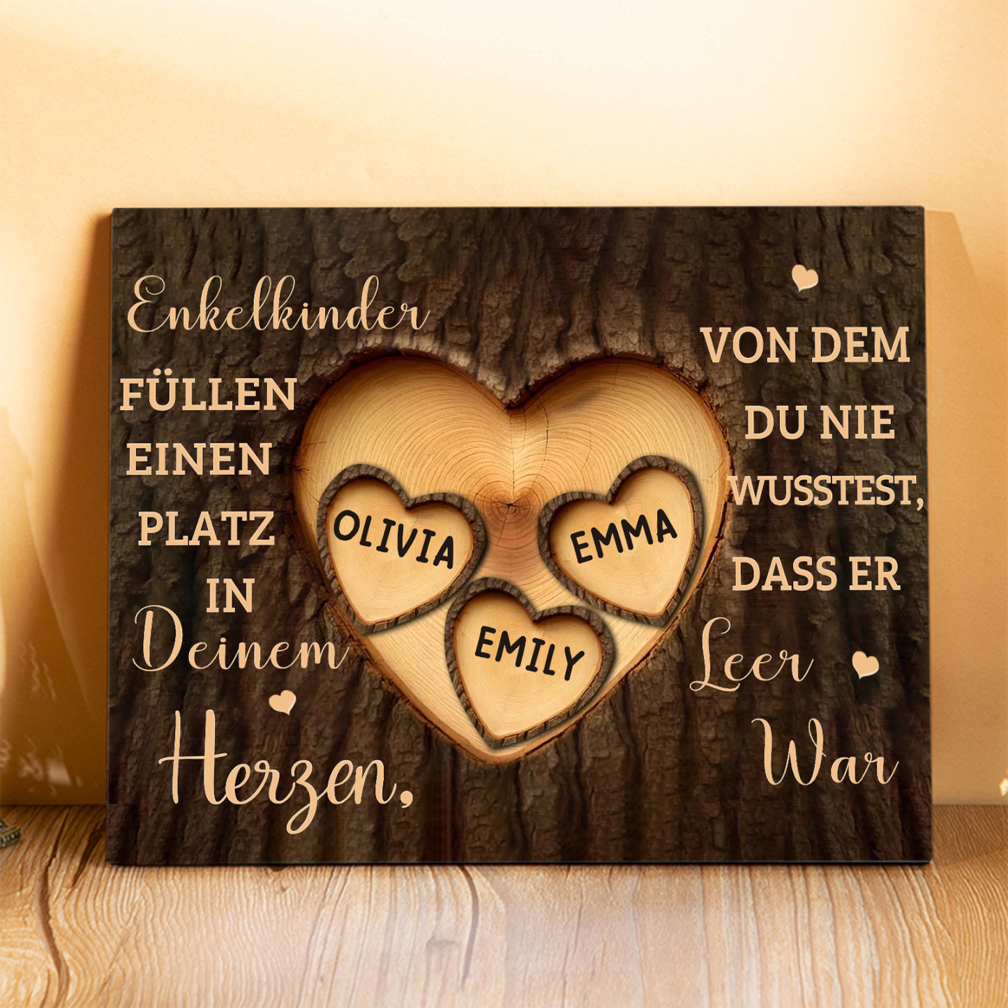 Enkelkinder Holzbild – Personalisierte 3 Namen Doppelherz Holzdekoration Geschenk für Familien