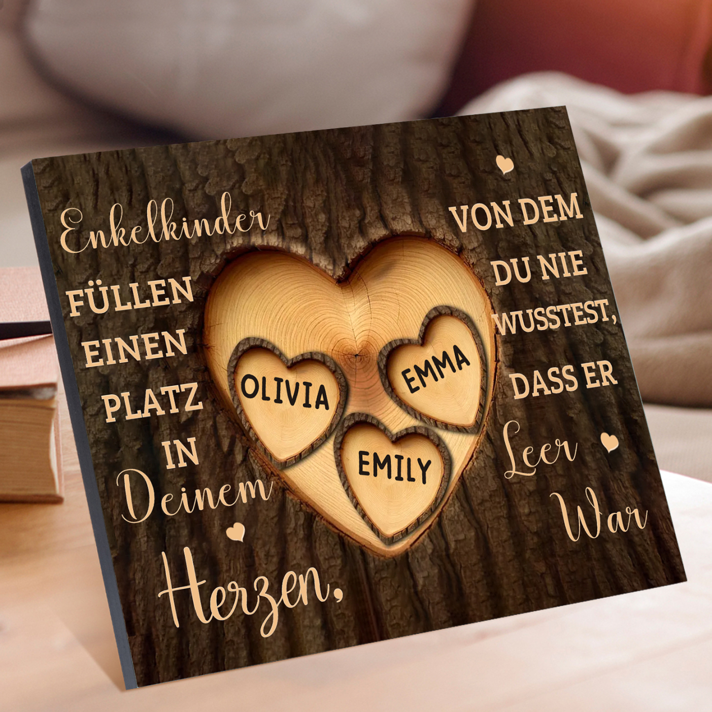 Enkelkinder Holzbild – Personalisierte 3 Namen Doppelherz Holzdekoration Geschenk für Familien