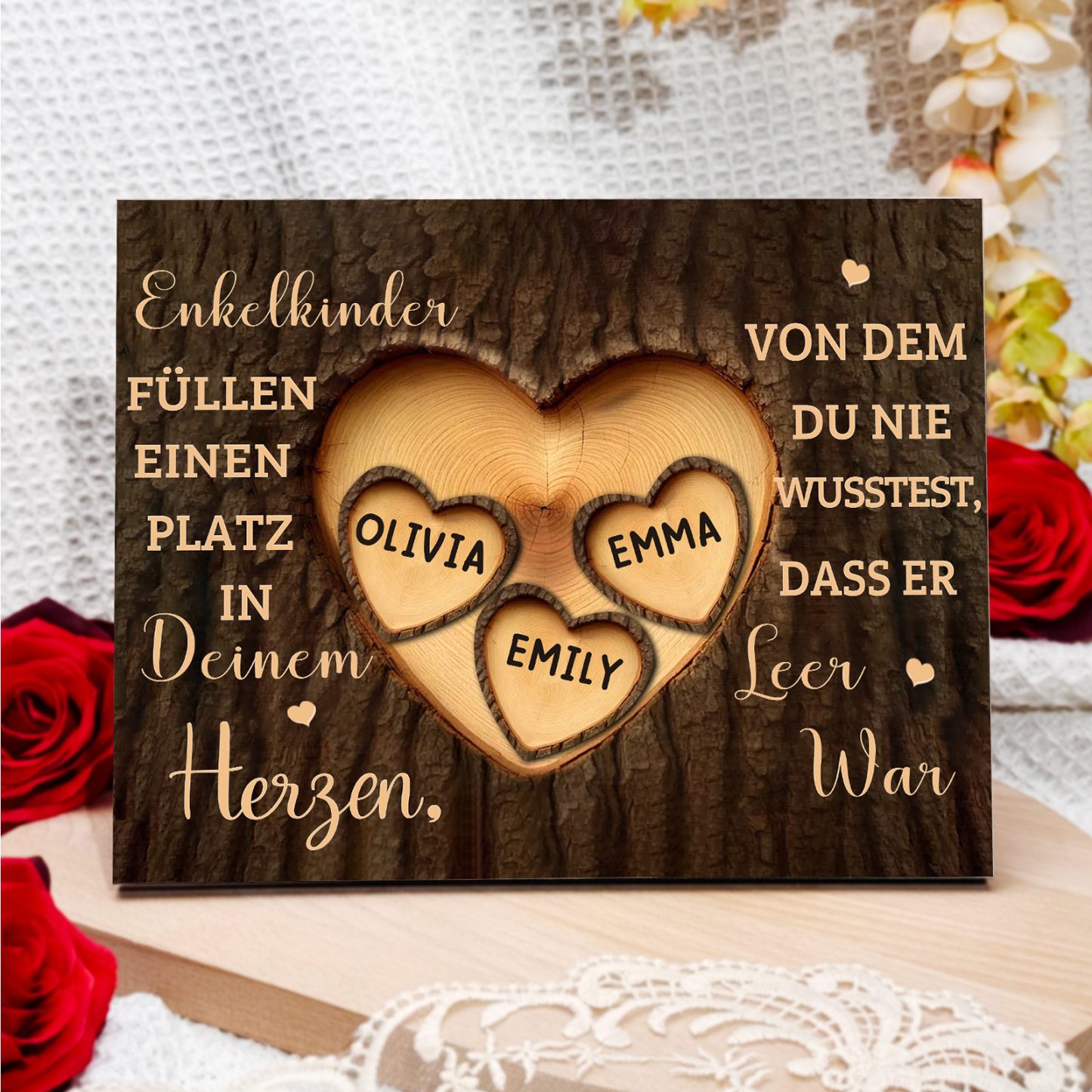 Enkelkinder Holzbild – Personalisierte 3 Namen Doppelherz Holzdekoration Geschenk für Familien