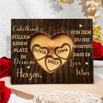 Enkelkinder Holzbild – Personalisierte 3 Namen Doppelherz Holzdekoration Geschenk für Familien