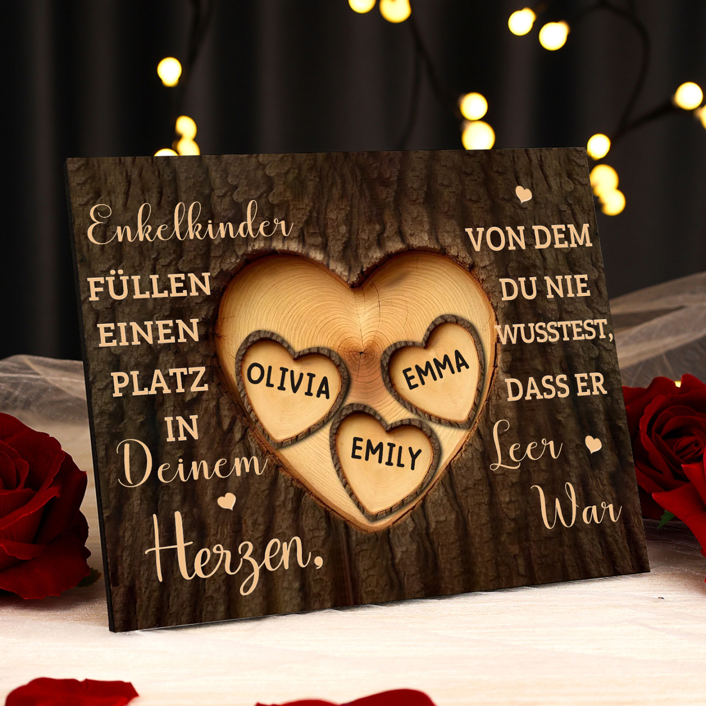 Enkelkinder Holzbild – Personalisierte 3 Namen Doppelherz Holzdekoration Geschenk für Familien