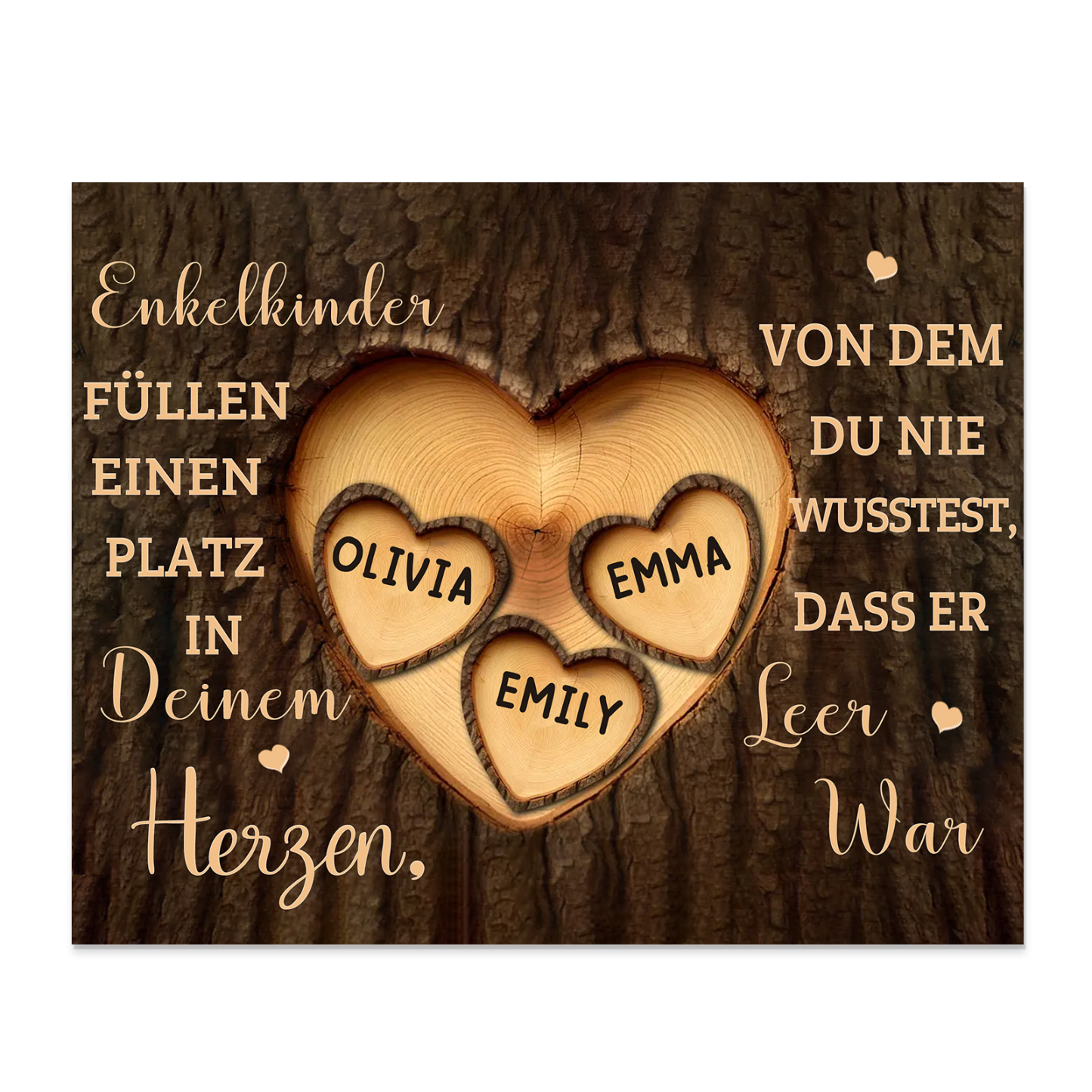 Enkelkinder Holzbild – Personalisierte 3 Namen Doppelherz Holzdekoration Geschenk für Familien