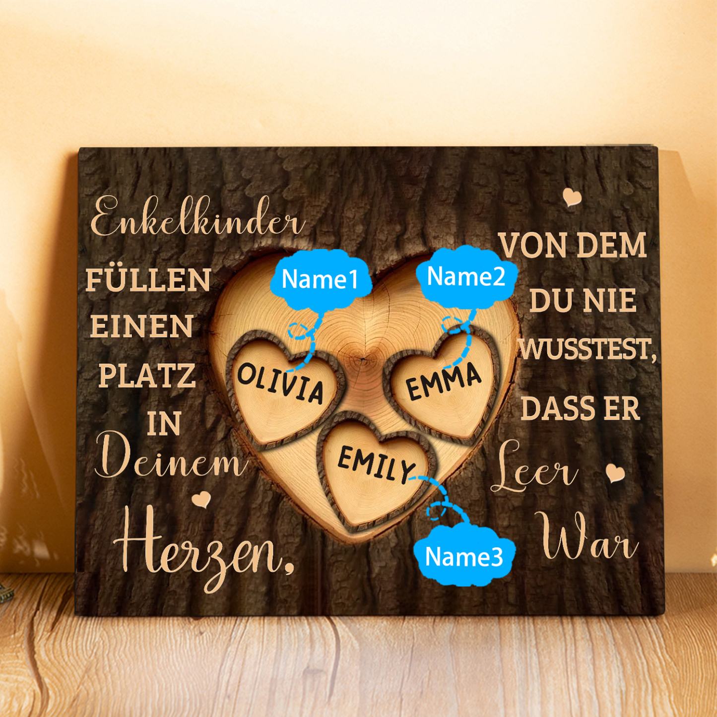 Enkelkinder Holzbild – Personalisierte 3 Namen Doppelherz Holzdekoration Geschenk für Familien