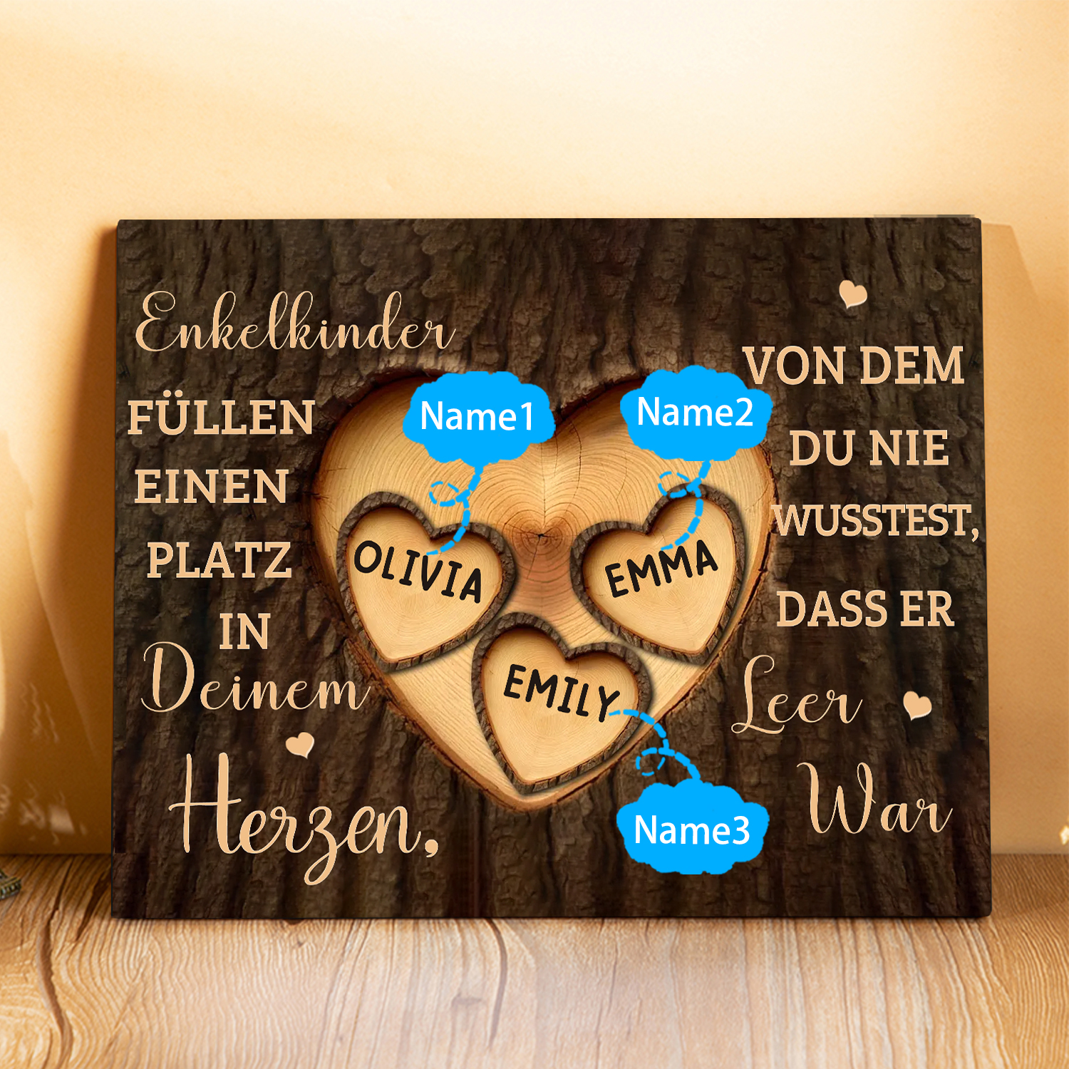 Enkelkinder Holzbild – Personalisierte 3 Namen Doppelherz Holzdekoration Geschenk für Familien