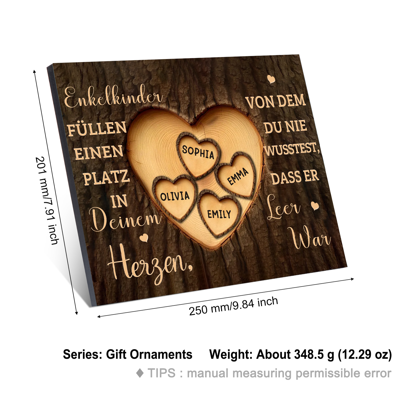 Enkelkinder Holzbild – Personalisierte 4 Namen Doppelherz Holzdekoration Geschenk für Familien