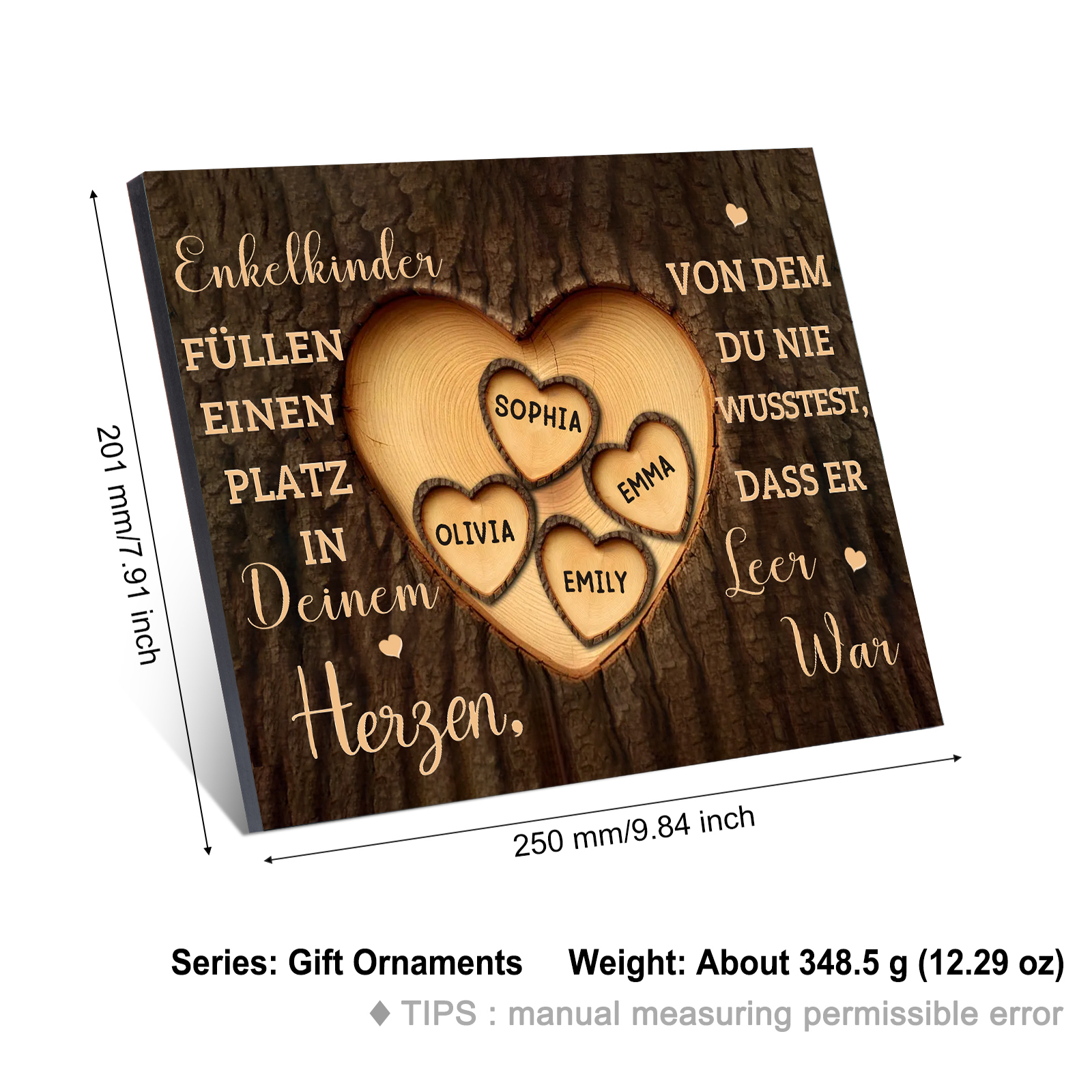 Enkelkinder Holzbild – Personalisierte 4 Namen Doppelherz Holzdekoration Geschenk für Familien