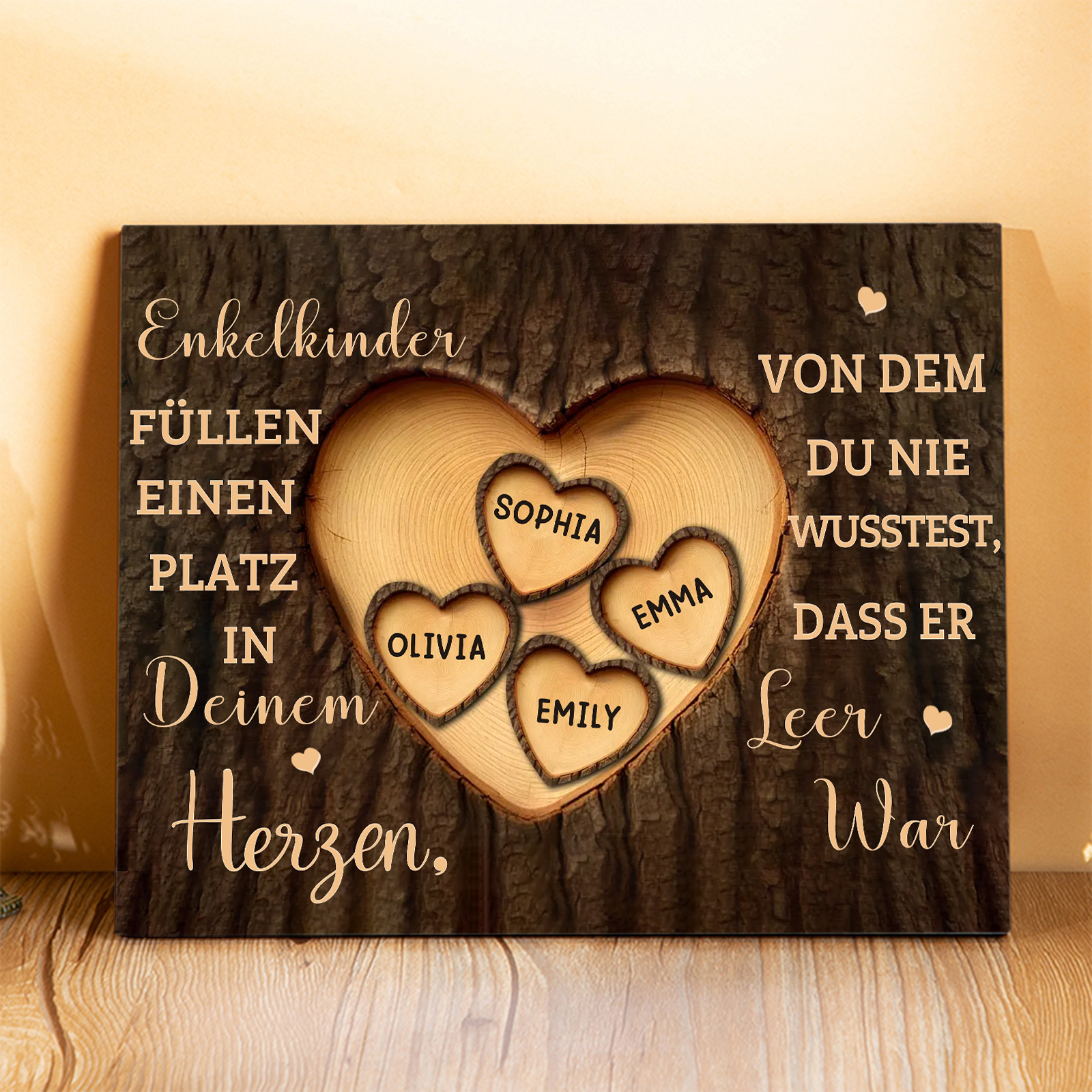 Enkelkinder Holzbild – Personalisierte 4 Namen Doppelherz Holzdekoration Geschenk für Familien