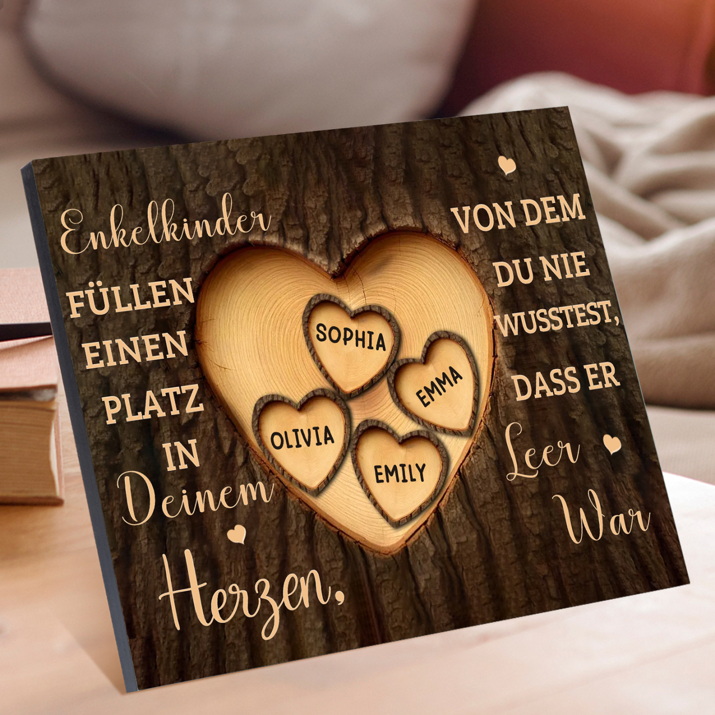 Enkelkinder Holzbild – Personalisierte 4 Namen Doppelherz Holzdekoration Geschenk für Familien