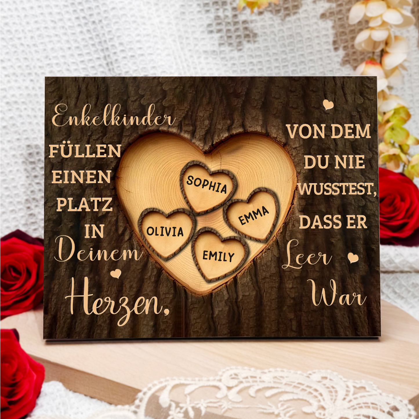 Enkelkinder Holzbild – Personalisierte 4 Namen Doppelherz Holzdekoration Geschenk für Familien