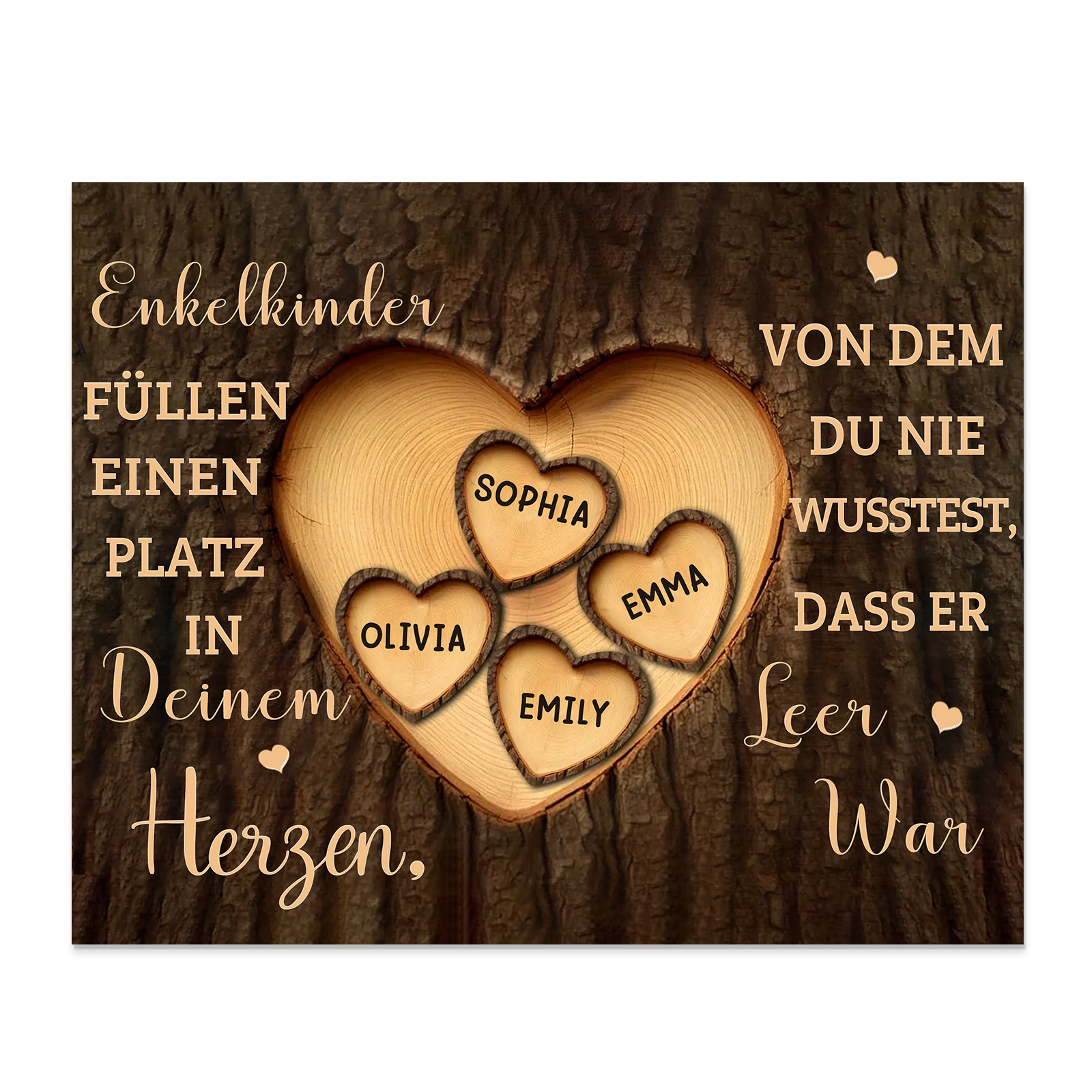 Enkelkinder Holzbild – Personalisierte 4 Namen Doppelherz Holzdekoration Geschenk für Familien