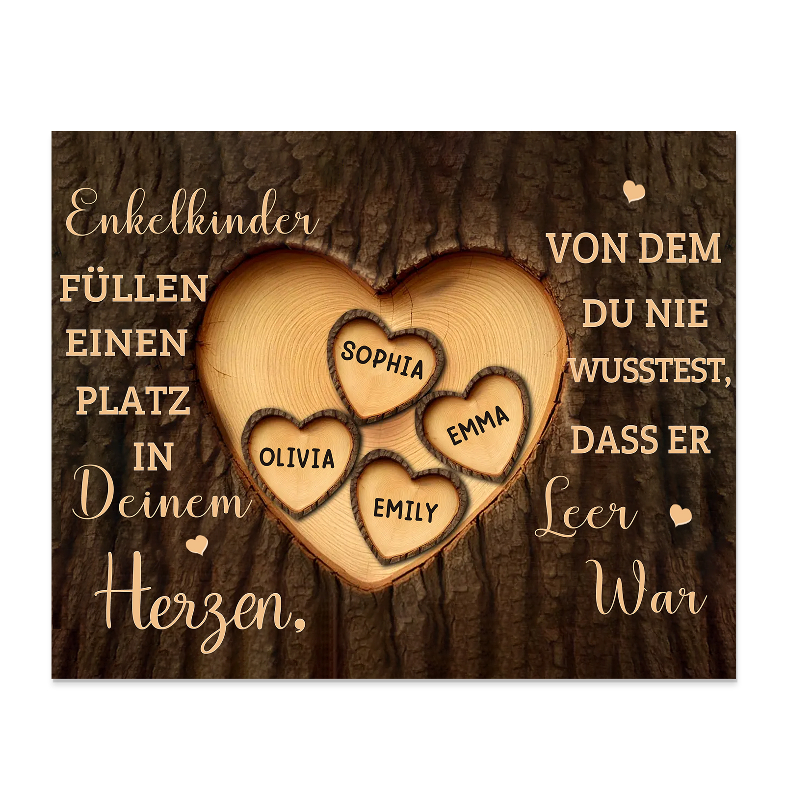 Enkelkinder Holzbild – Personalisierte 4 Namen Doppelherz Holzdekoration Geschenk für Familien