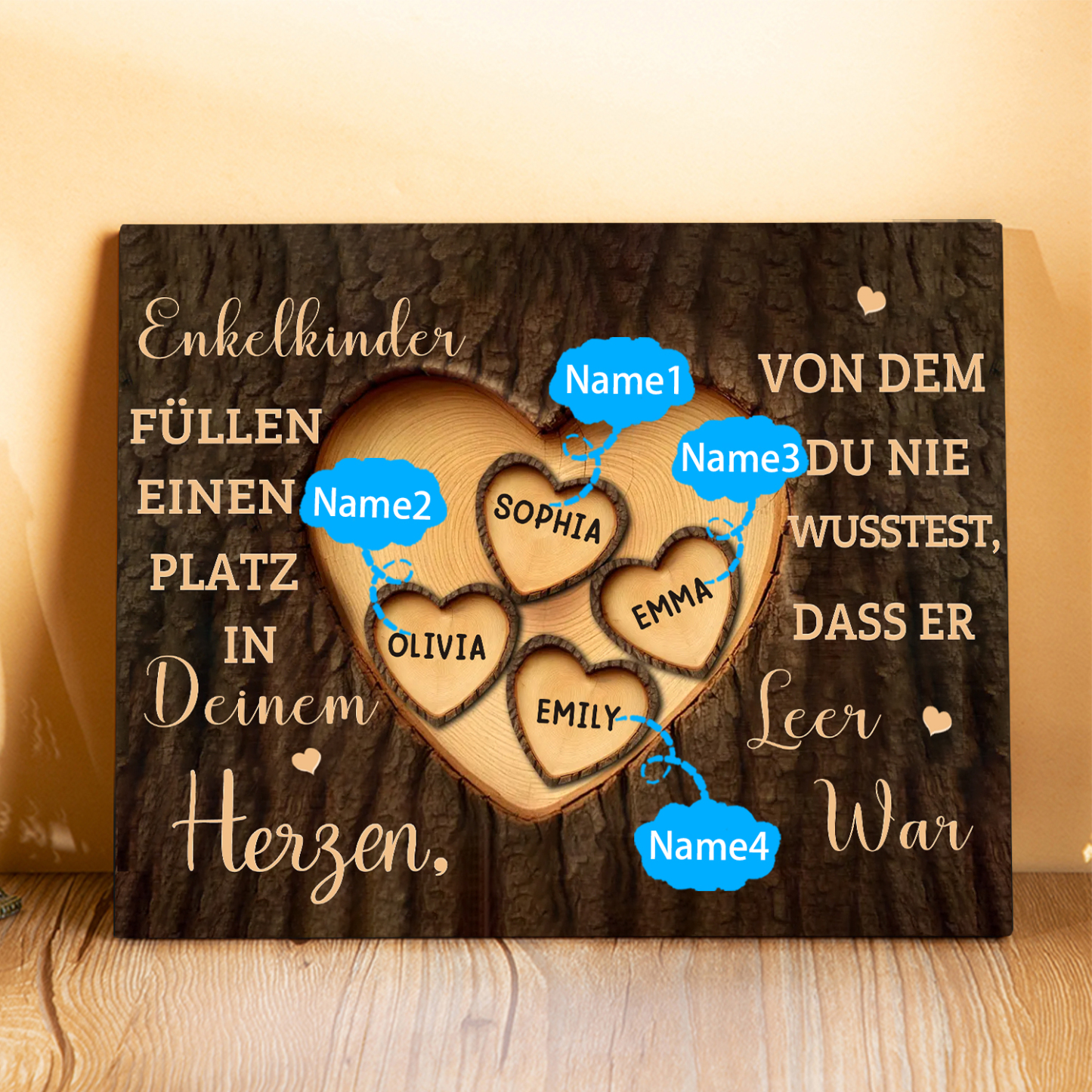 Enkelkinder Holzbild – Personalisierte 4 Namen Doppelherz Holzdekoration Geschenk für Familien