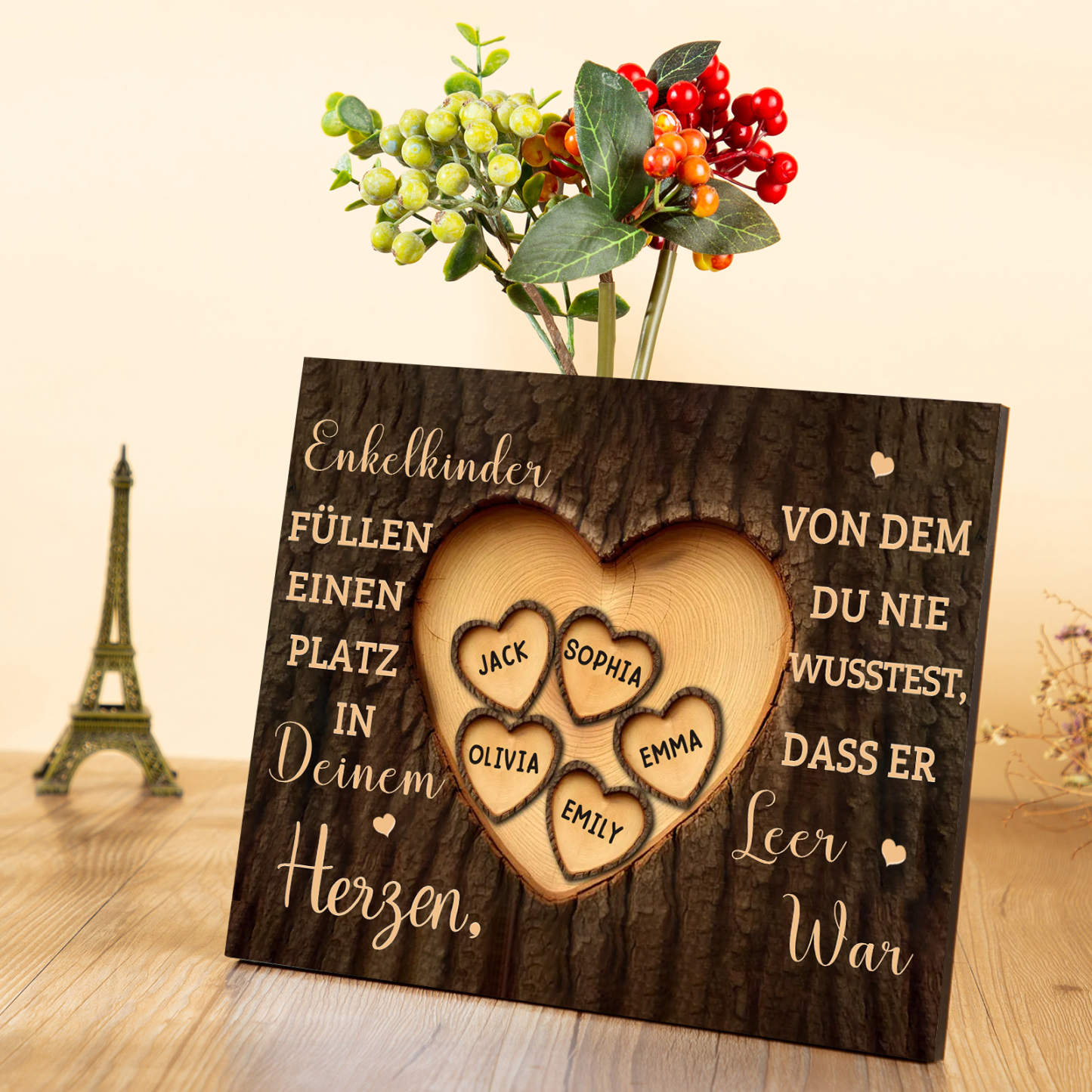 Enkelkinder Holzbild – Personalisierte 5 Namen Doppelherz Holzdekoration Geschenk für Familien